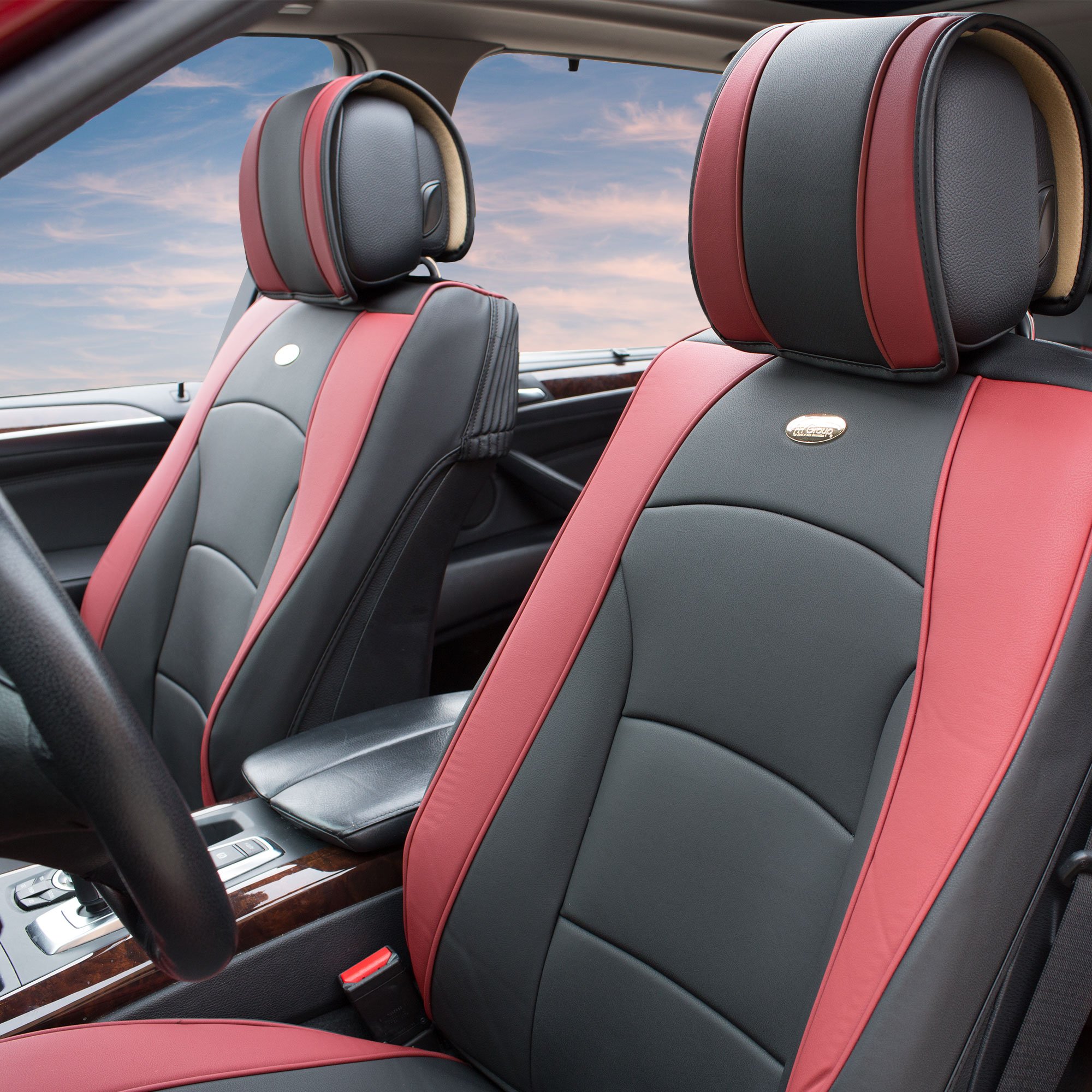 TLH Ultra Comfort Leatherette Seat Cushions - Front Only Burgundy Car Seat Covers with Air Freshener | Premium Automotive Seat Protector for SUV & Car Interior Accessories | Perfect for Long Drives & Commuting