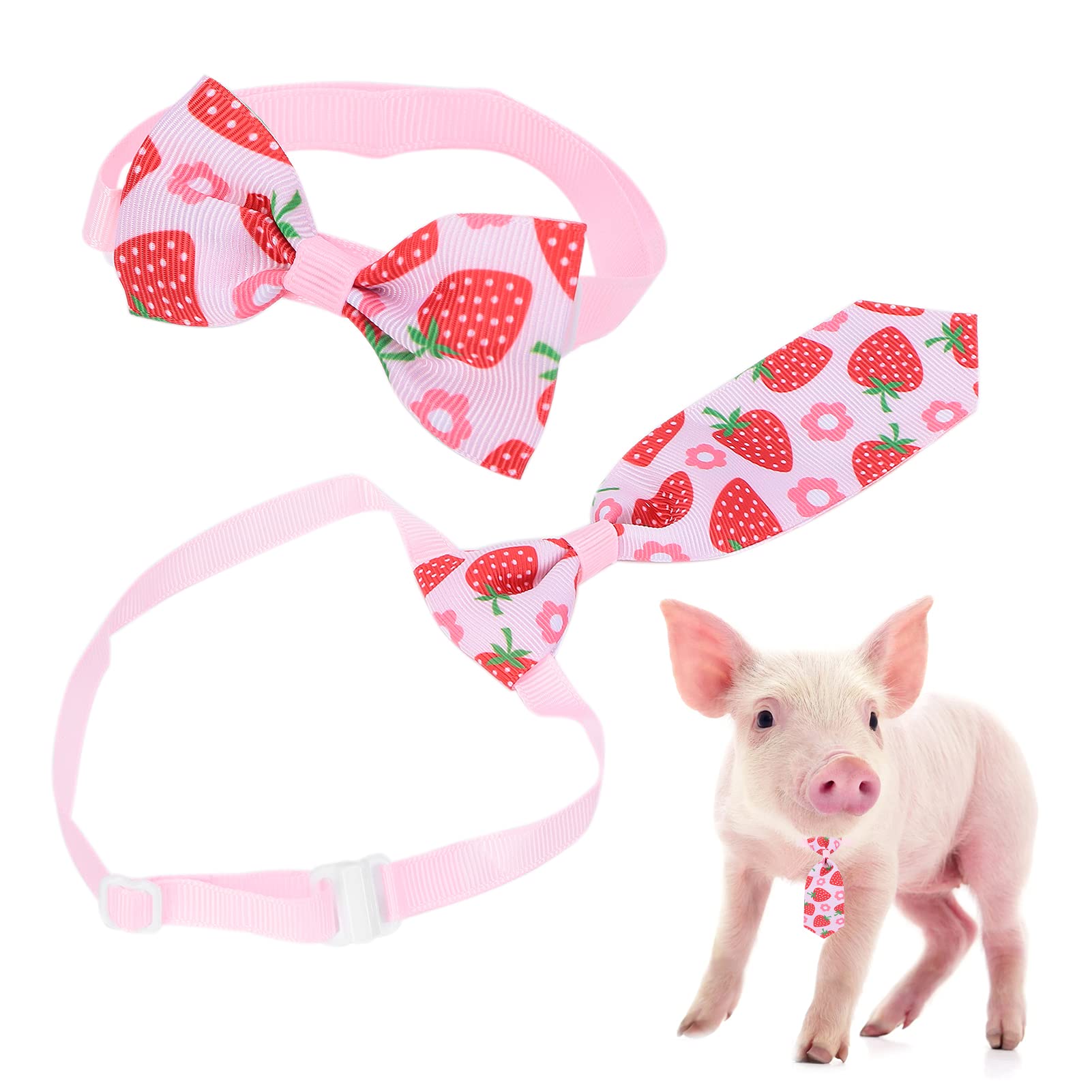 Adjustable Pet Bow Ties Set for Small Dogs & Cats - Strawberry Print & Patriotic Dog Neckties - Spring Assorted Mini Pet Accessories for Parties, Weddings & Photo Shoots