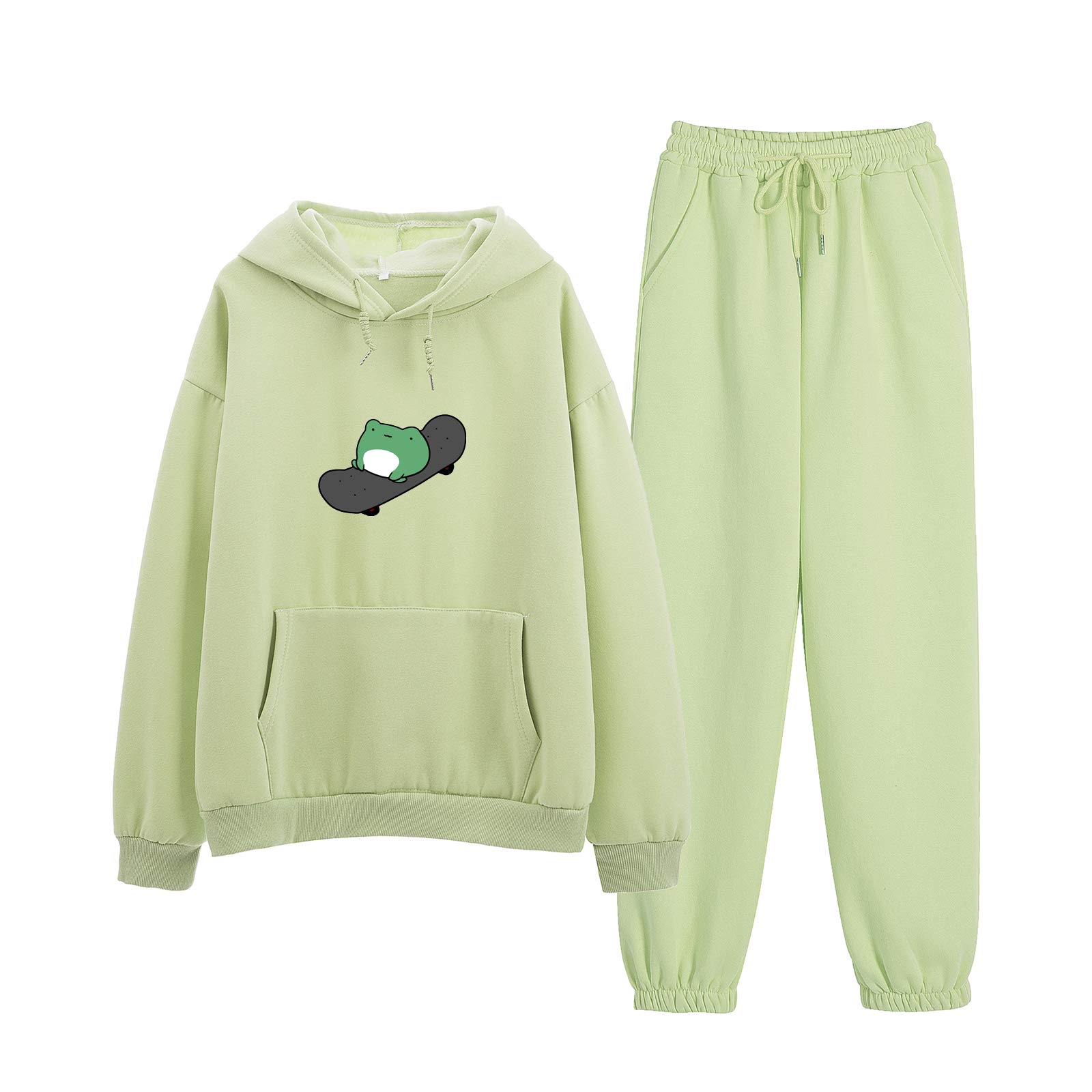 KEEVICI Women's Skateboarding Hoodie and Sweatpants Set - Frog Print Jogger Outfit for Casual Wear, Street Style & Sports
