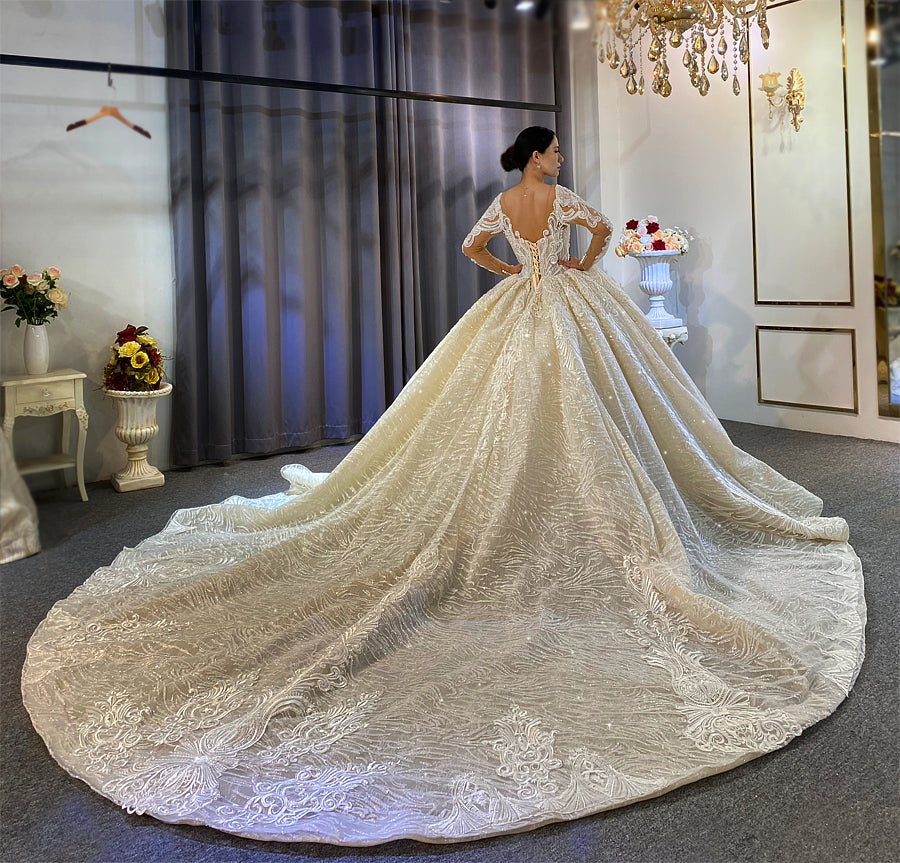 NS3978 Long Sleeve Ball Gown Wedding Dress 2022 - Princess Puffy Bridal Gown with Elegant Lace Details | Perfect for Church Ceremonies, Formal Weddings & Royal-Themed Events