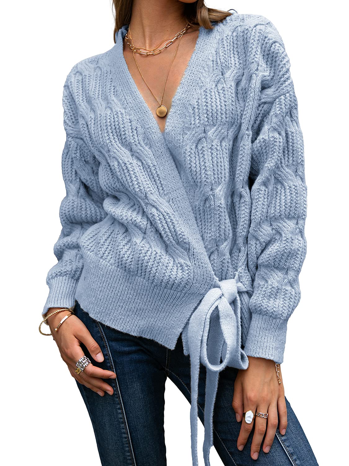 Miessial Women's V Neck Wrap Sweater - Soft Cable Knit Tie Front Jumper Top in Wrap-Blue Size 8 | Cozy Fall & Winter Fashion for Office, Date Night and Casual Outings