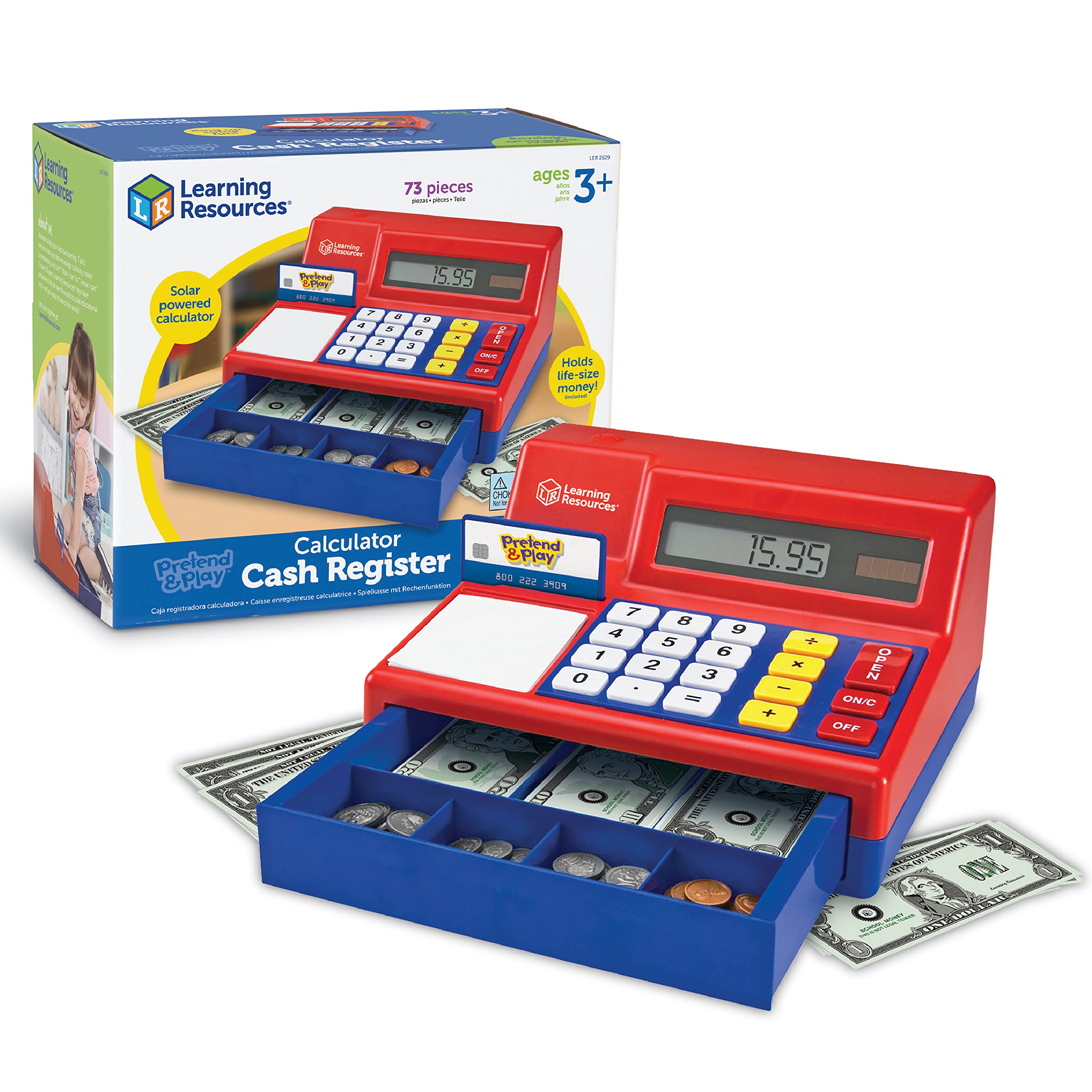 Learning Resources Pretend & Play Calculator Cash Register - 73 Piece Educational Toy Set for Kids Ages 3+, Develops Early Math & Money Skills, Includes Play Money & Calculator - Perfect for Classroom, Homeschool, and Role Play Shopping Games
