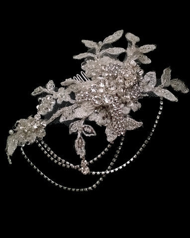 Elegant Bridal Headpiece with Lace & Diamante Chains - Kezani Harlow Deluxe Wedding Hair Accessory for Brides, Bridesmaids & Special Occasions