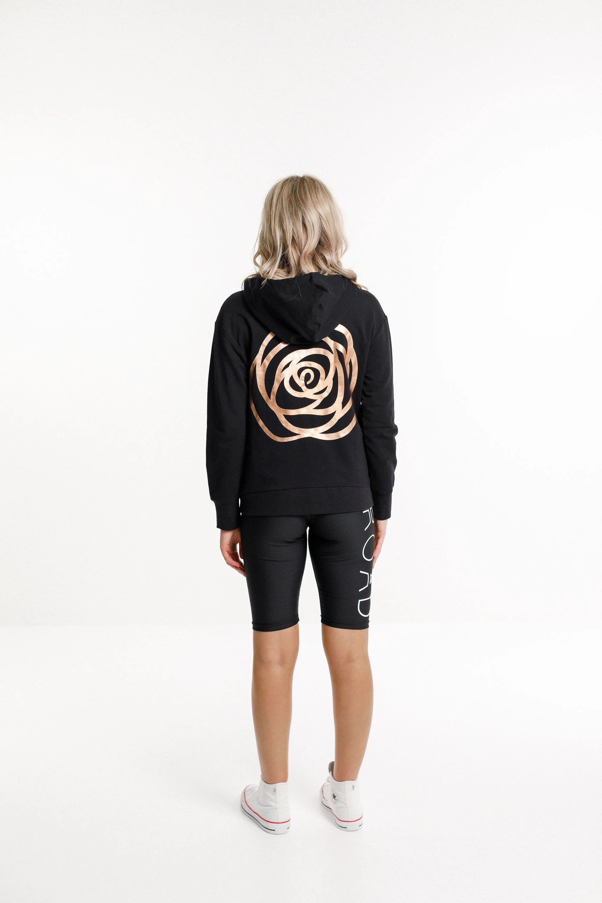 Black Zip Up Hoodie with Rose Gold Badge & Back Logo - Stylish Casual Wear for Men & Women | Perfect for Gym, Streetwear & Everyday Comfort