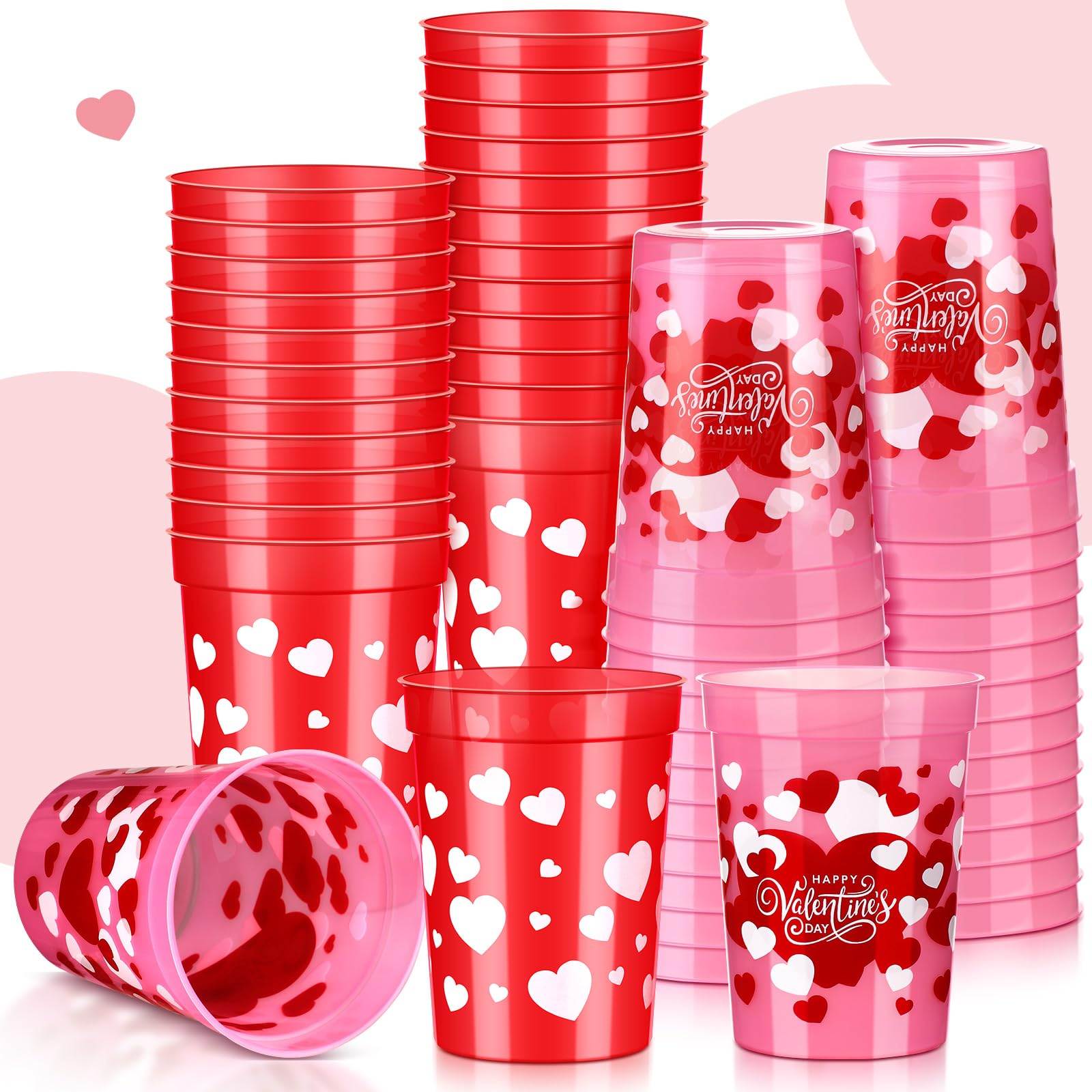 48-Pack Layhit Valentine's Day Plastic Cups - 8oz Reusable Heart-Patterned Drink Tumblers in Red & Pink for Valentine's Parties, Weddings & Celebrations | Bulk Party Supplies for Romantic Events & Couple Gatherings