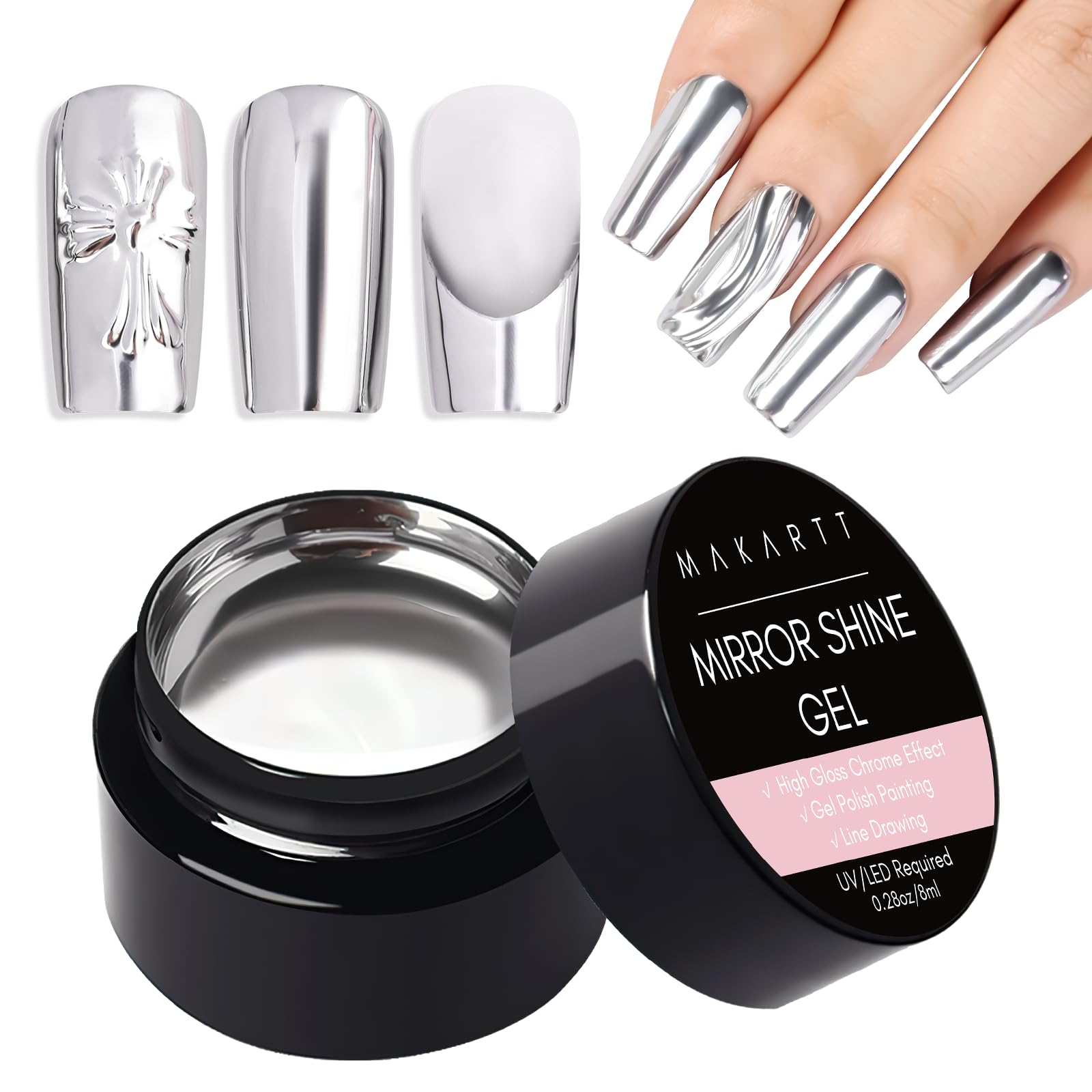 Makartt Super Strong Nail Rhinestone Glue - 8ml Mirror Shine UV/LED Gel for Nail Art | Perfect for Rhinestone Application, Metallic Silver Designs & Professional Salon Use
