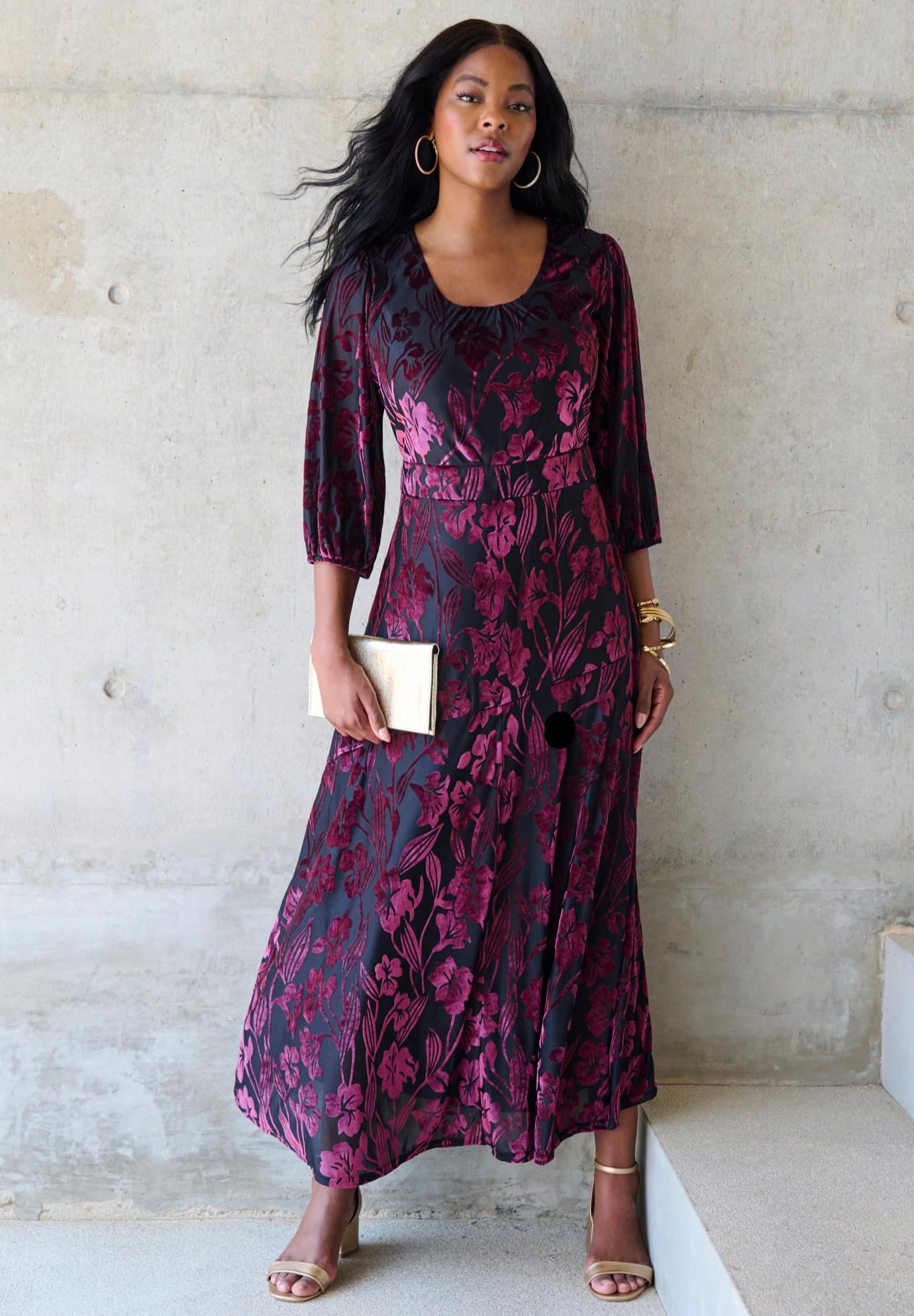 Romantic Plus Size Velvet Burnout Dress for Women - Elegant Long Sleeve Party Gown for Evening Events, Weddings & Holiday Gatherings