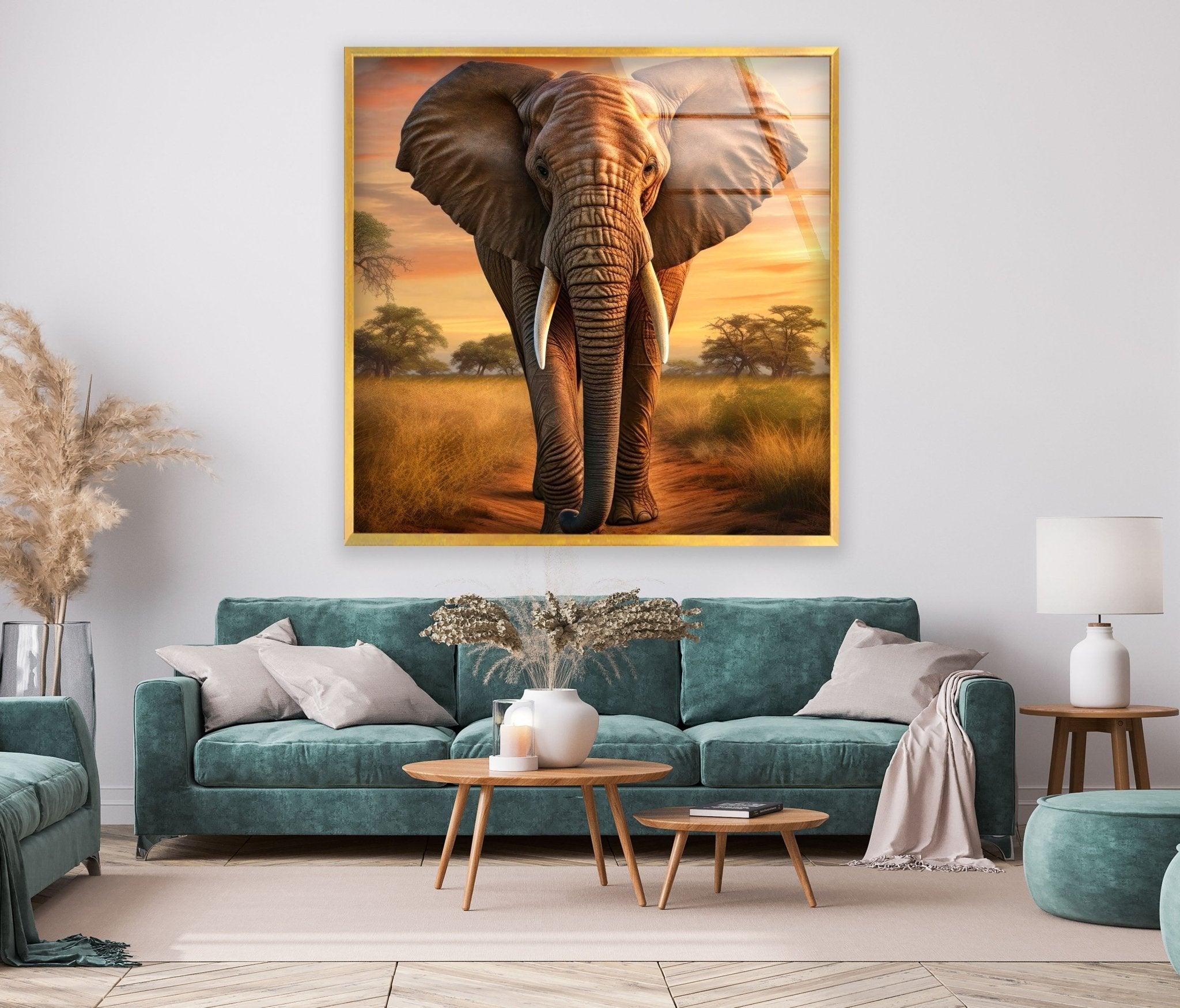 African Elephant Glass Wall Art - Handcrafted Home Decor for Living Room, Bedroom & Office - Perfect for Nature Lovers & Safari Theme Interior Design
