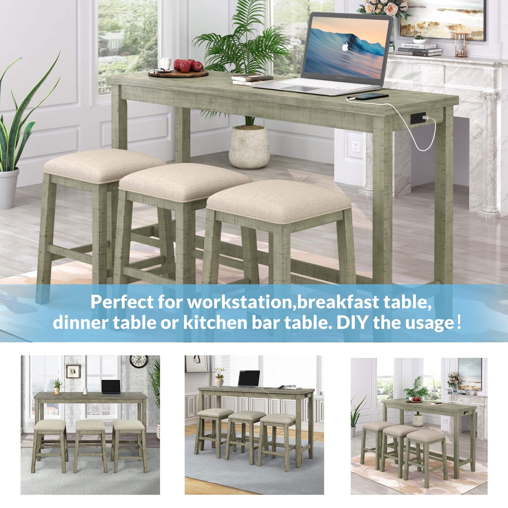 Quarte 4-Piece Rustic Wood Counter Height Bar Table Set with Fabric Padded Stools & Socket, Multipurpose Dining Room Furniture for Kitchen, Living Room, and Small Spaces