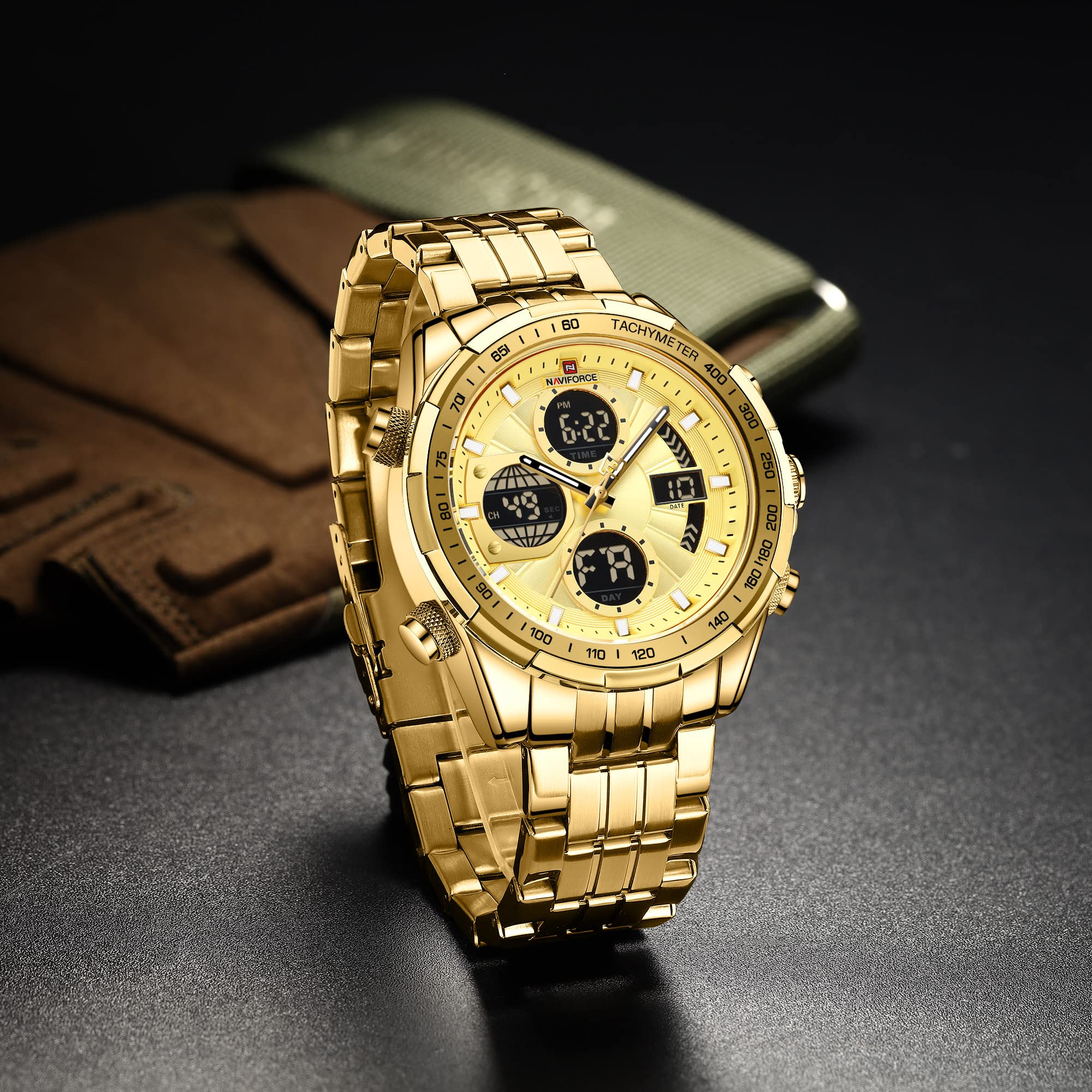 NAVIFORCE Men's Stainless Steel Waterproof Watch - Digital Analog Chronograph for Business & Military Use