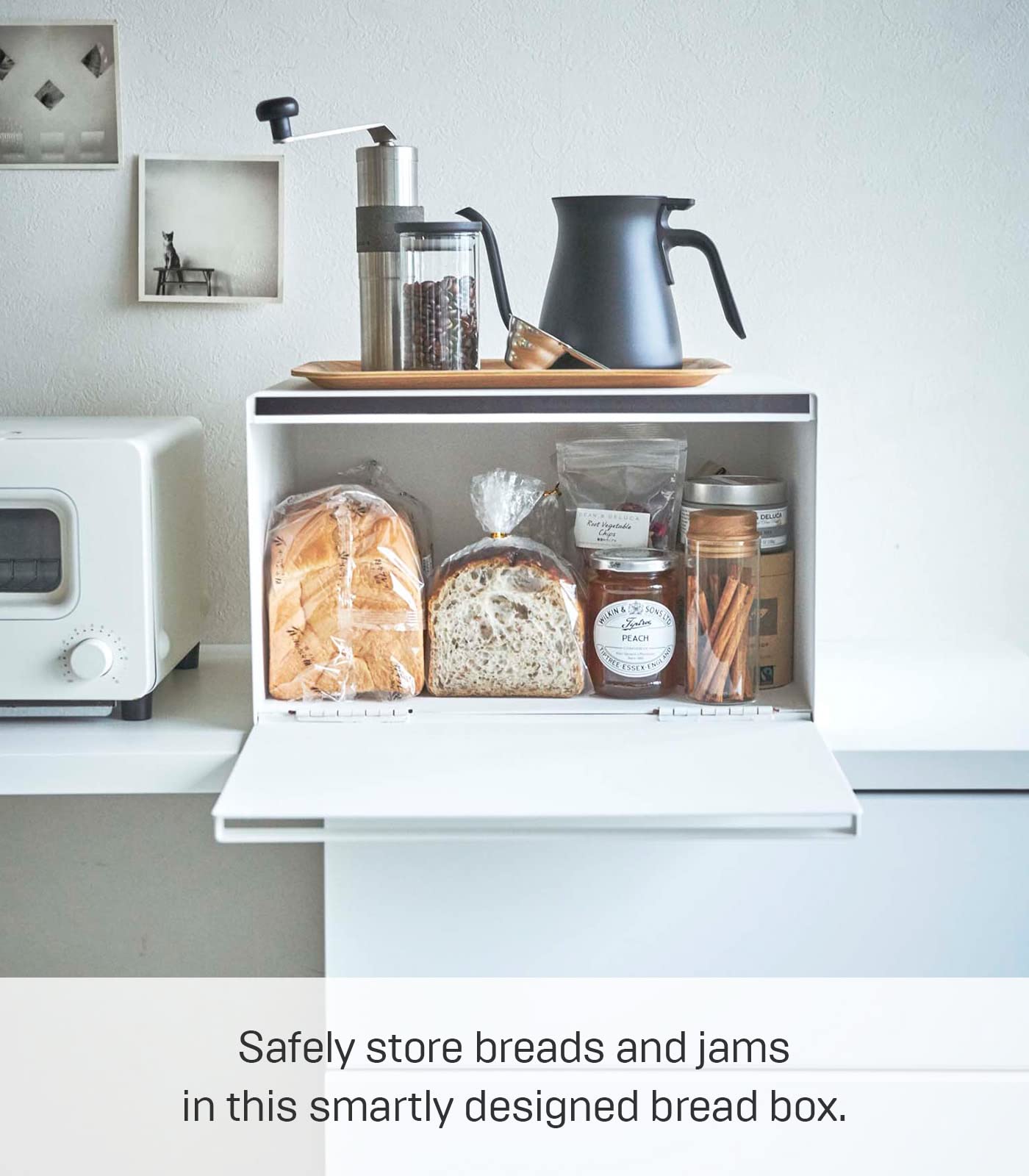 Yamazaki Home Metal Bread Box - Slim Space Saving Counter Storage for Bread, Baguettes, and Pastries - Perfect for Kitchens, Bakeries, and Small Spaces - Horizontal Steel Bread Keeper Container
