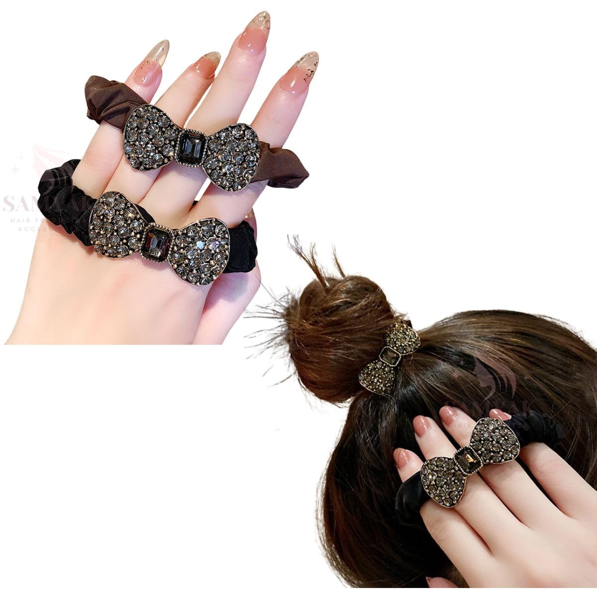 Luxury Square Rhinestone Bow Hair Scrunchies - 4 Pack Elegant Hair Ties for Women & Girls, Ponytail Holders with Non-Slip Rubber Bands - Perfect for Parties, Weddings, and Everyday Styling