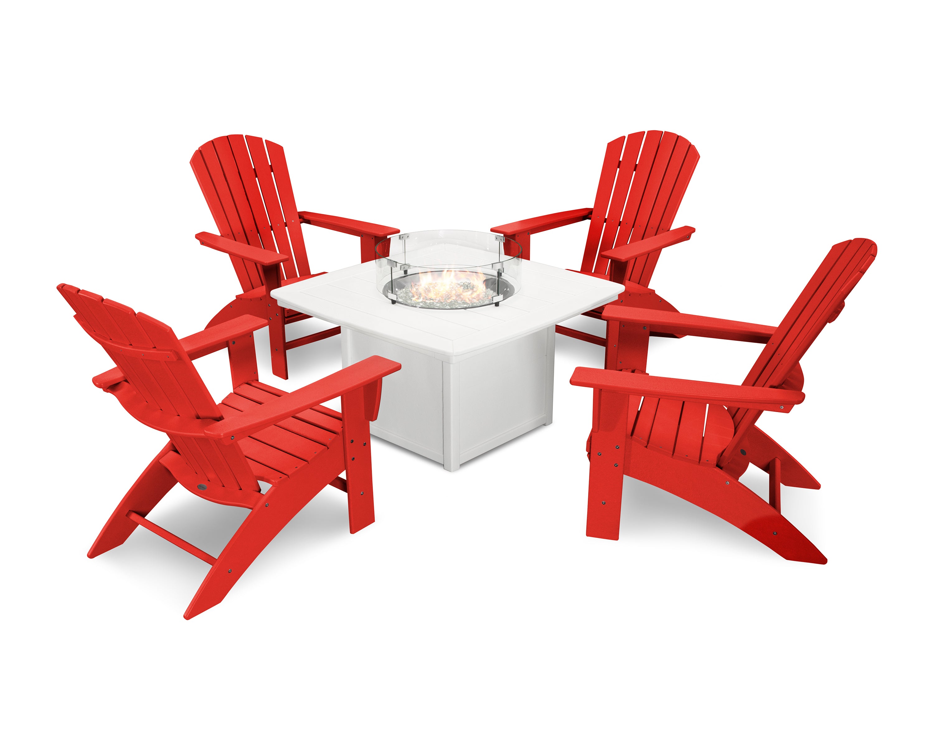 POLYWOOD Nautical Curveback Adirondack 5-Piece Outdoor Conversation Set with Fire Pit Table - Perfect for Patio, Deck, Poolside & Backyard Relaxation
