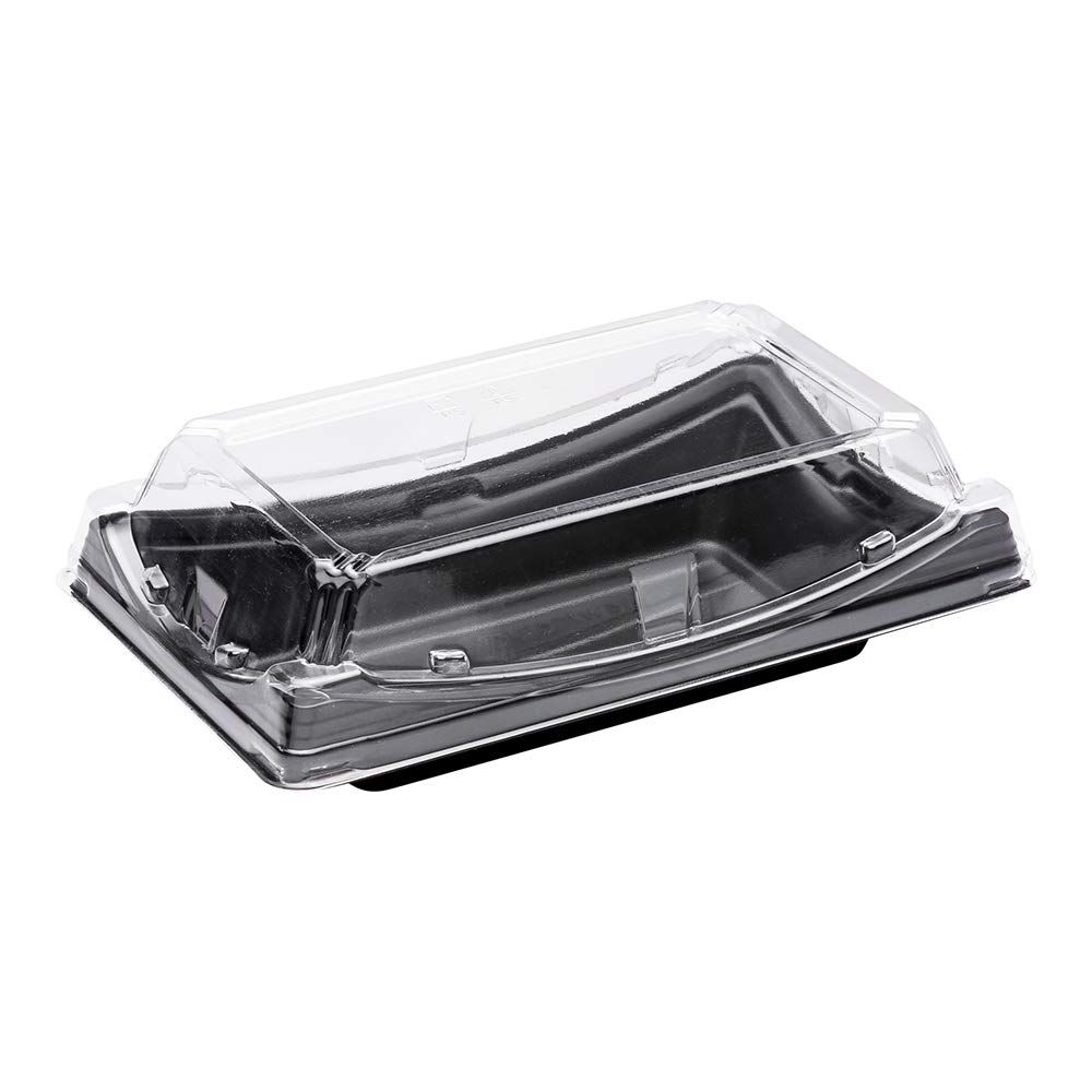 Restaurantware Roku 7.5 x 4.75 Inch Black Plastic Sushi Trays - 100 Disposable Takeout Containers with Lids for Appetizers, Entrees & Desserts | Perfect for Japanese Restaurants, Catering & Food Delivery Services