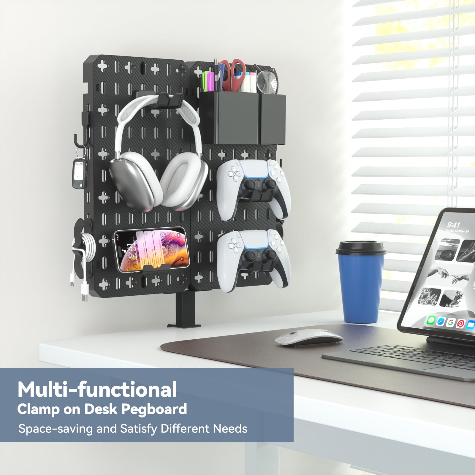 KDD 7-in-1 Clamp-On Desk Pegboard Organizer - No Drill Required, Includes Phone Stand, Pen Holder, Storage Box, Headset & Controller Holder, Hooks | Detachable Gaming & Office Accessories for Home & Workspace Organization | Perfect for Small Spaces, Gaming Setups & Home Office Desks