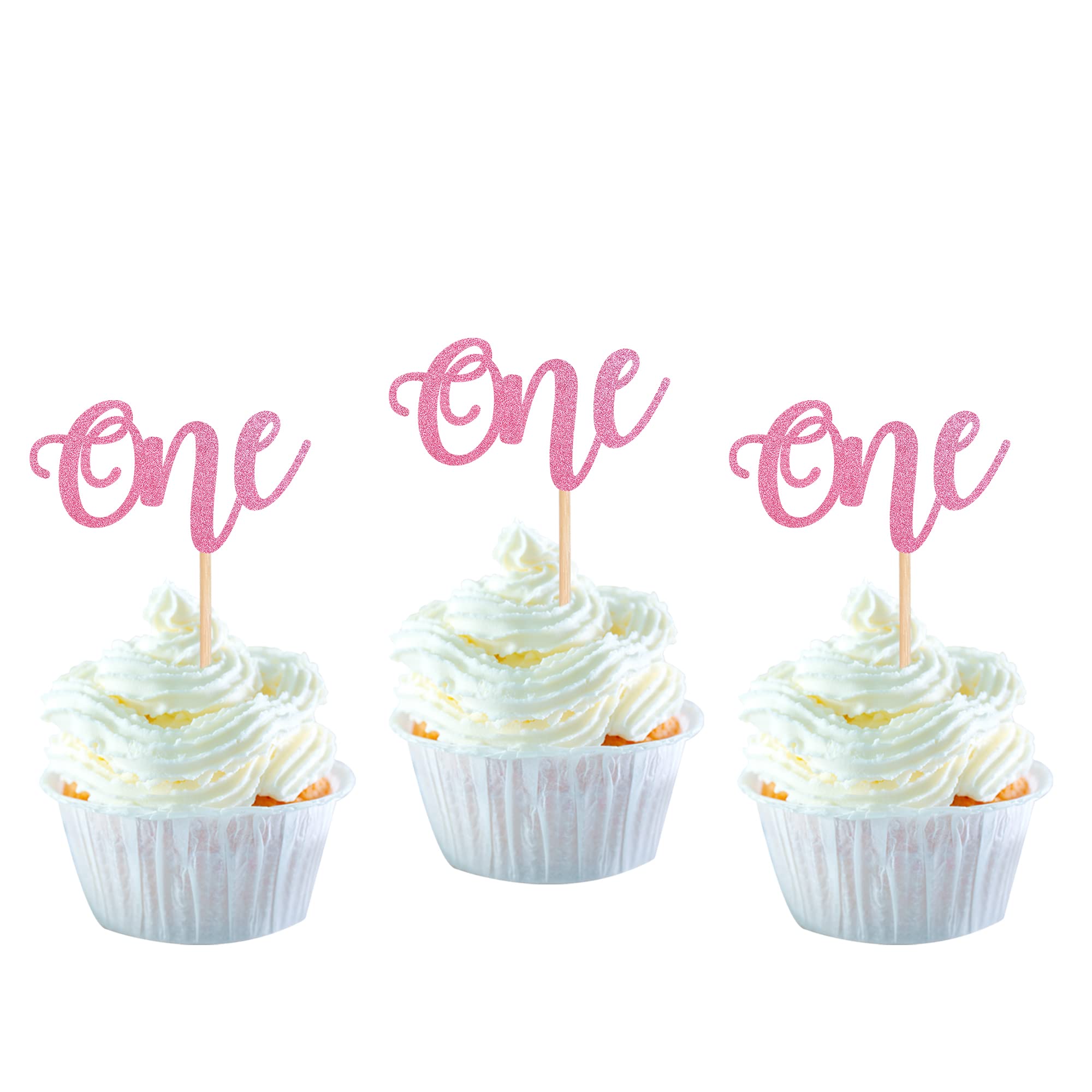 24 Pack Glitter Baby First Birthday Cupcake Toppers - Pink Cake Decorations for Baby Shower, Boys & Girls 1st Birthday Party Supplies | Perfect for Cupcake, Cake, and Dessert Decor