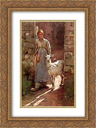 Theodore Robinson 'Girl With Goat' 18x24 Inch Gold Ornate Framed Art Print - Double Matted Museum Quality Wall Decor for Living Room, Bedroom & Office