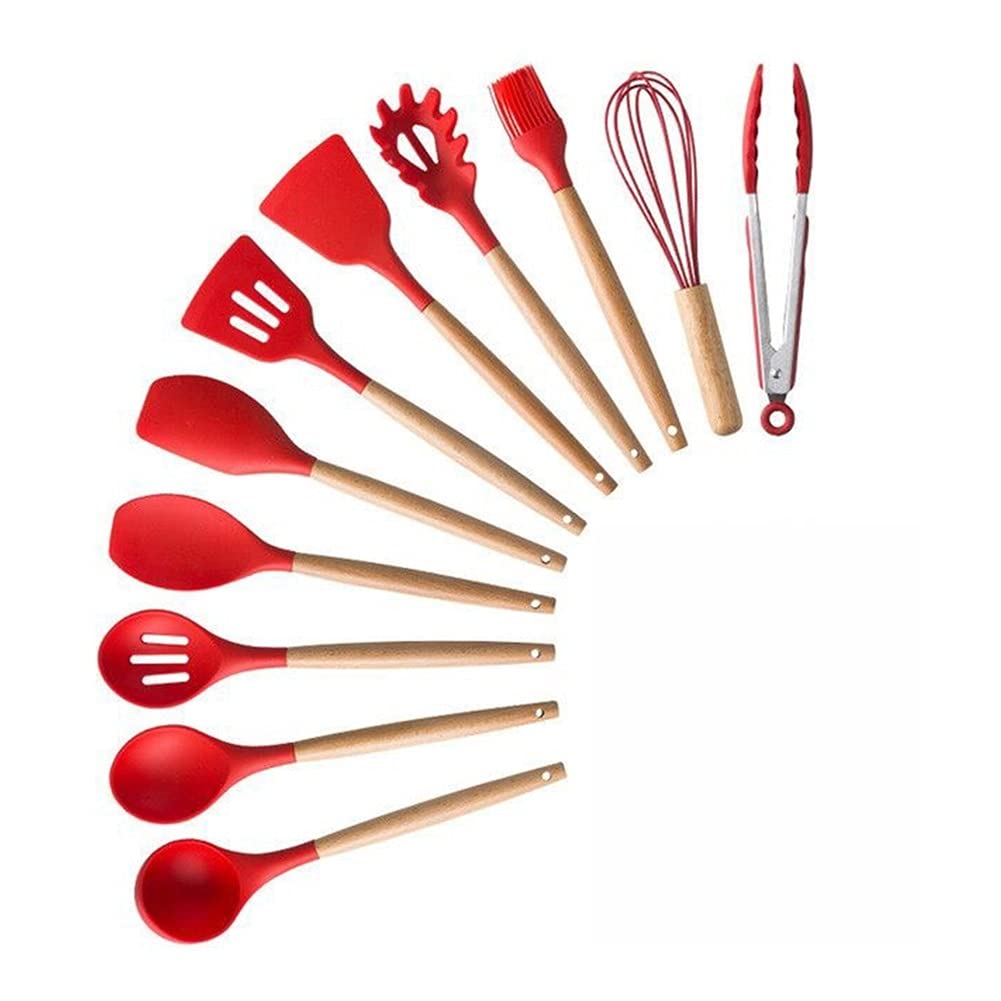 11-Piece Red Silicone Kitchen Utensils Set - Non-Stick Cooking Tools with Heat-Resistant Spatula & Spoon - Perfect for Baking, Frying & Everyday Cooking