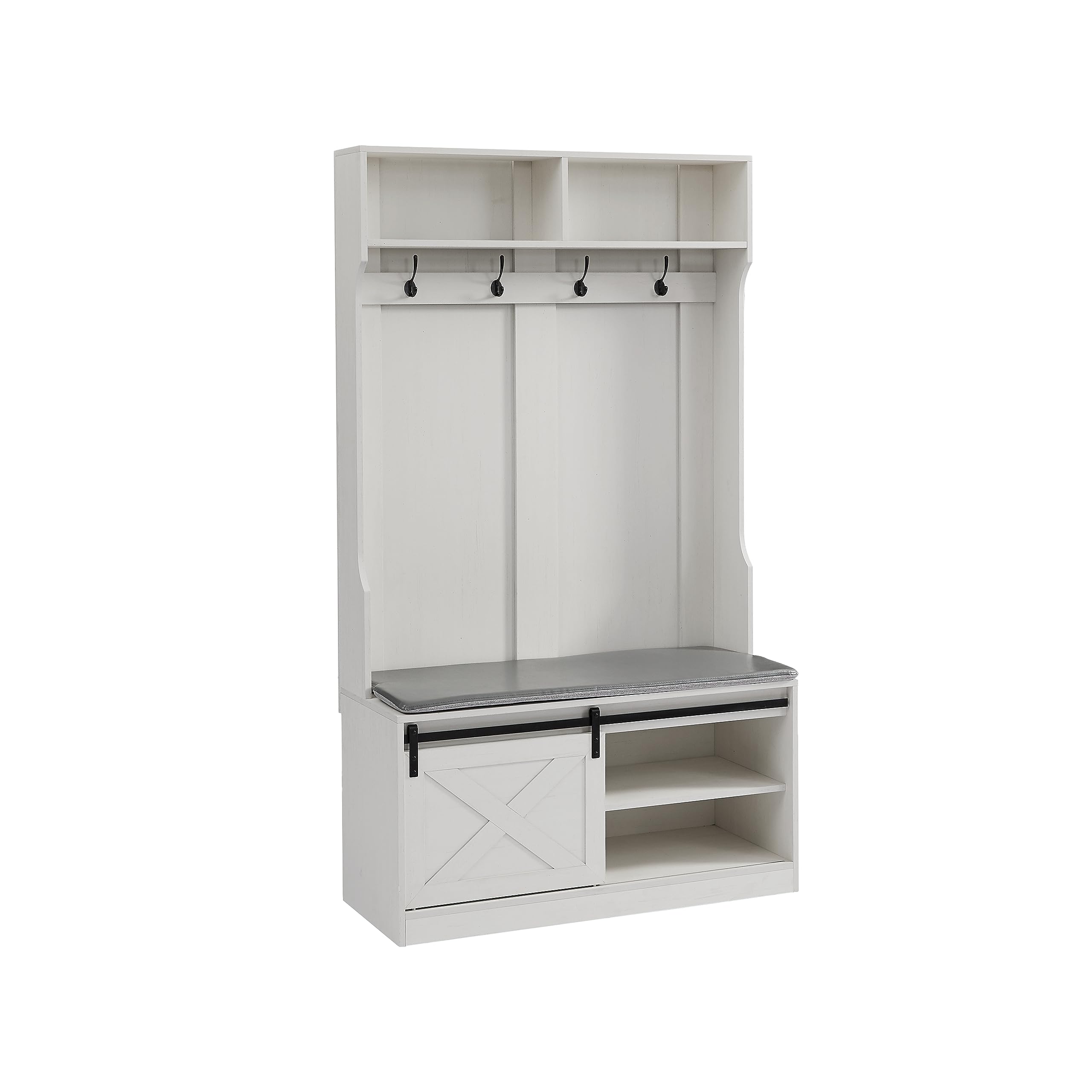 Farmhouse Entryway Hall Tree with Padded Storage Bench, Coat Rack & Sliding Barn Door Shoe Cabinet - 2 Drawers Mudroom Organizer in Distressed White | Perfect for Small Spaces, Entryway Storage & Shoe Organization