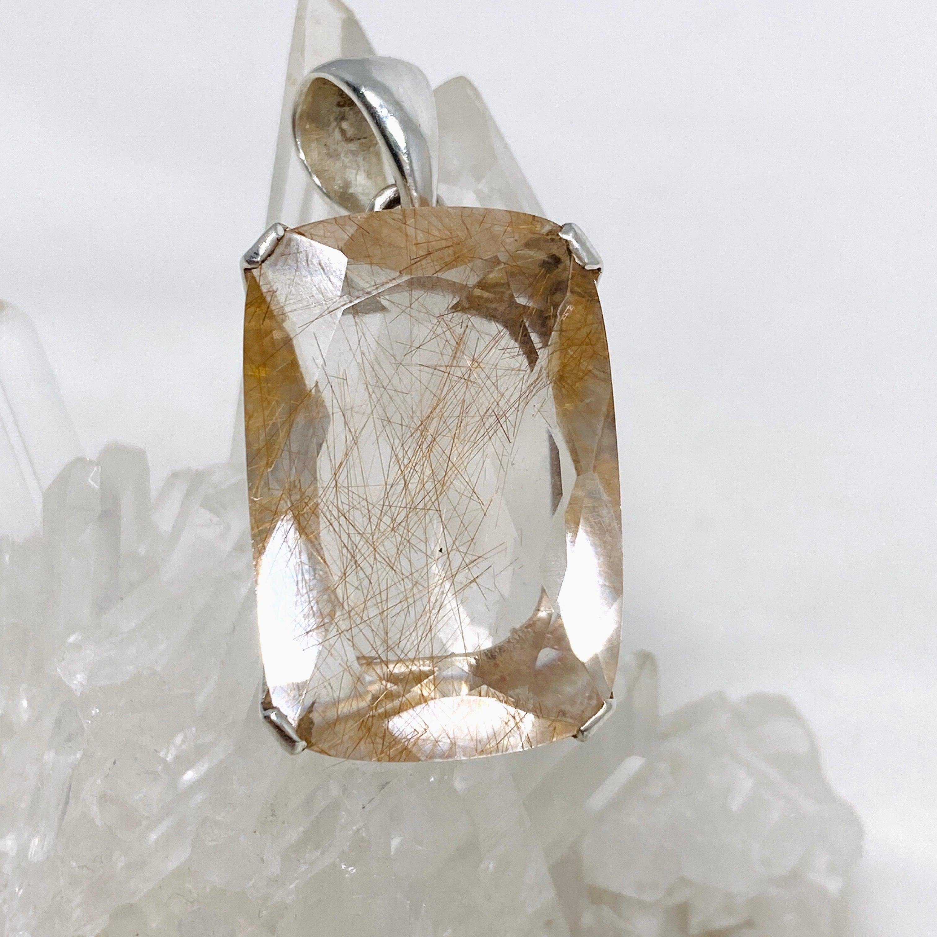 Natural Rutilated Quartz Faceted Rectangular Pendant Necklace - Elegant Crystal Jewelry for Women, Perfect for Gifts, Meditation & Spiritual Healing