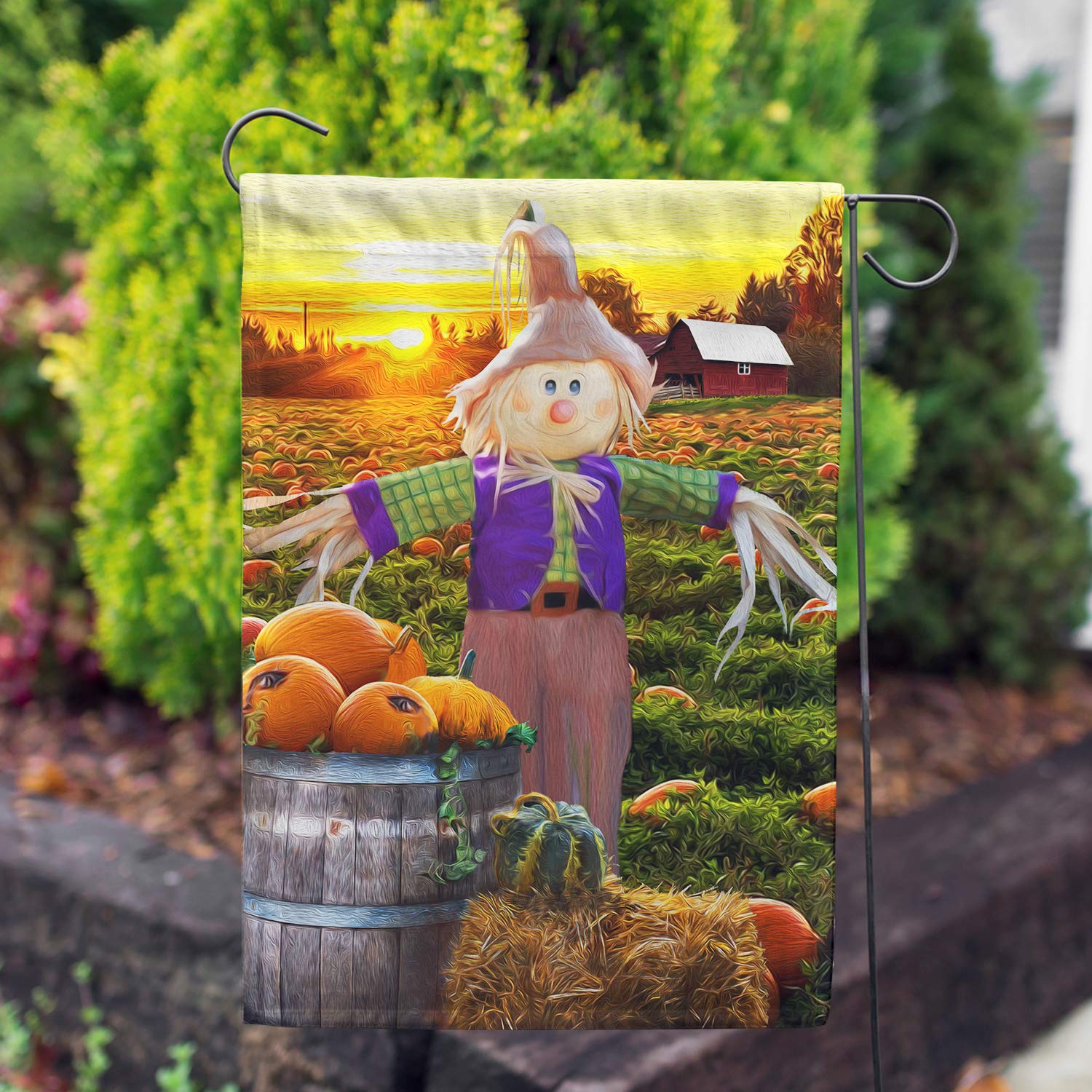 Happy Smiling Scarecrow Garden Flag - Double Sided Fall Harvest Decor with Pumpkins, 12.5 x 18 Inch Seasonal Yard Decoration for Autumn, Thanksgiving & Halloween Outdoor Celebrations