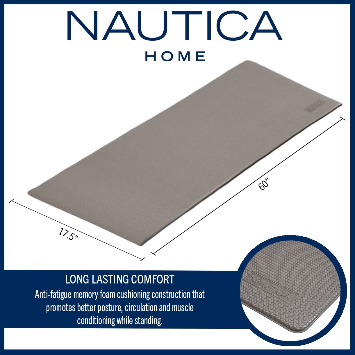 Nautica Anti-Fatigue Kitchen Mat - Non-Slip, Waterproof Cushioned Floor Mat for Cooking & Standing - 17.5