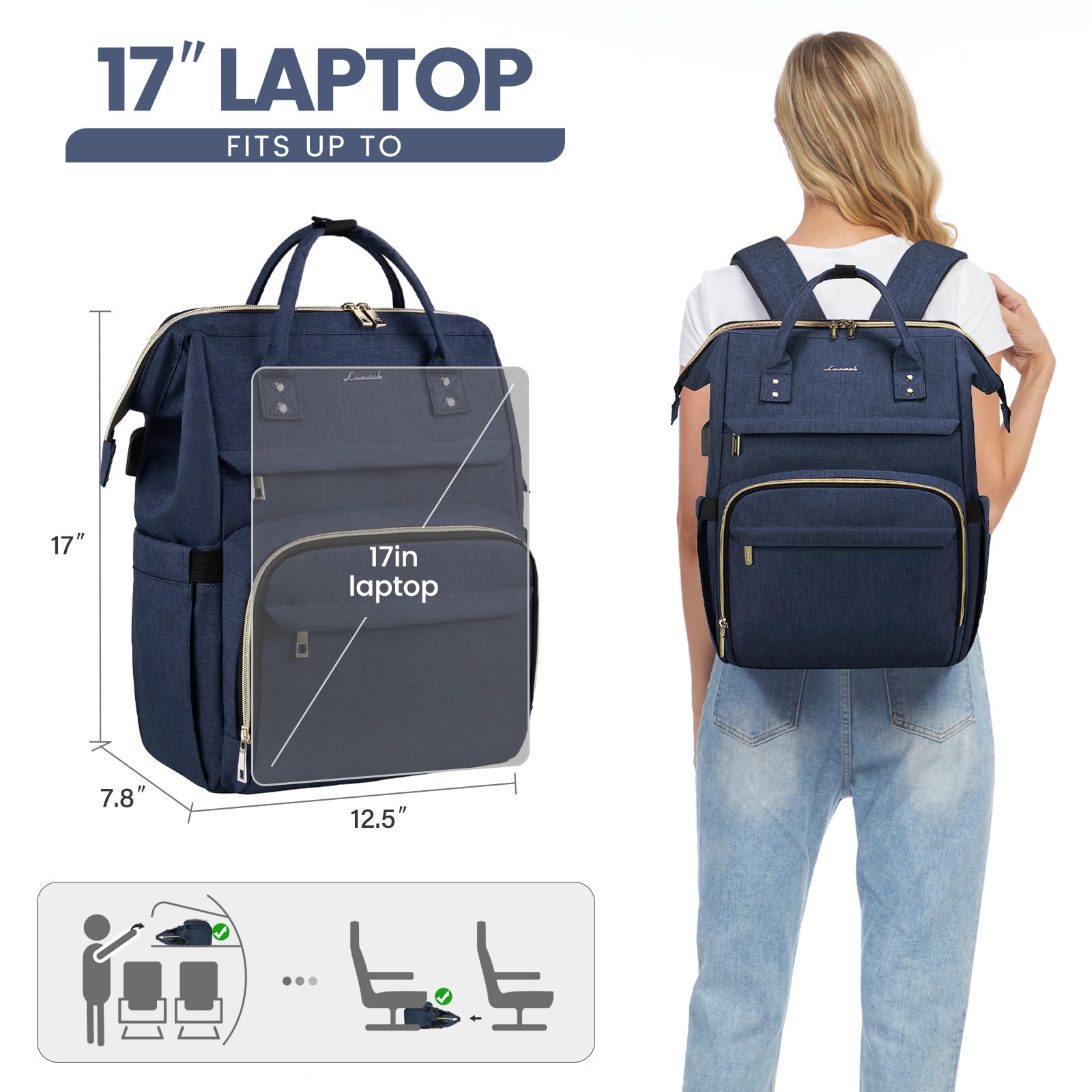 LOVEVOOK 17 Inch Laptop Backpack for Women - Waterproof USB Charging Travel Backpack, Professional Work Bag for Nurse, Teacher & College Students - Dark Blue | Perfect for Commuting, Business Trips & Campus Use
