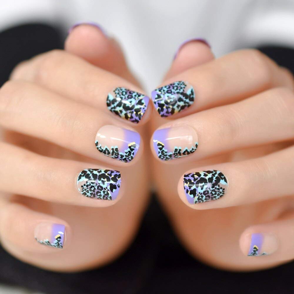 Natural Nude Purple French Press on Nails - Leopard Print Fake Nails for Daily Office Wear & Manicure | Easy to Apply False Nails for Work, Parties & Special Occasions