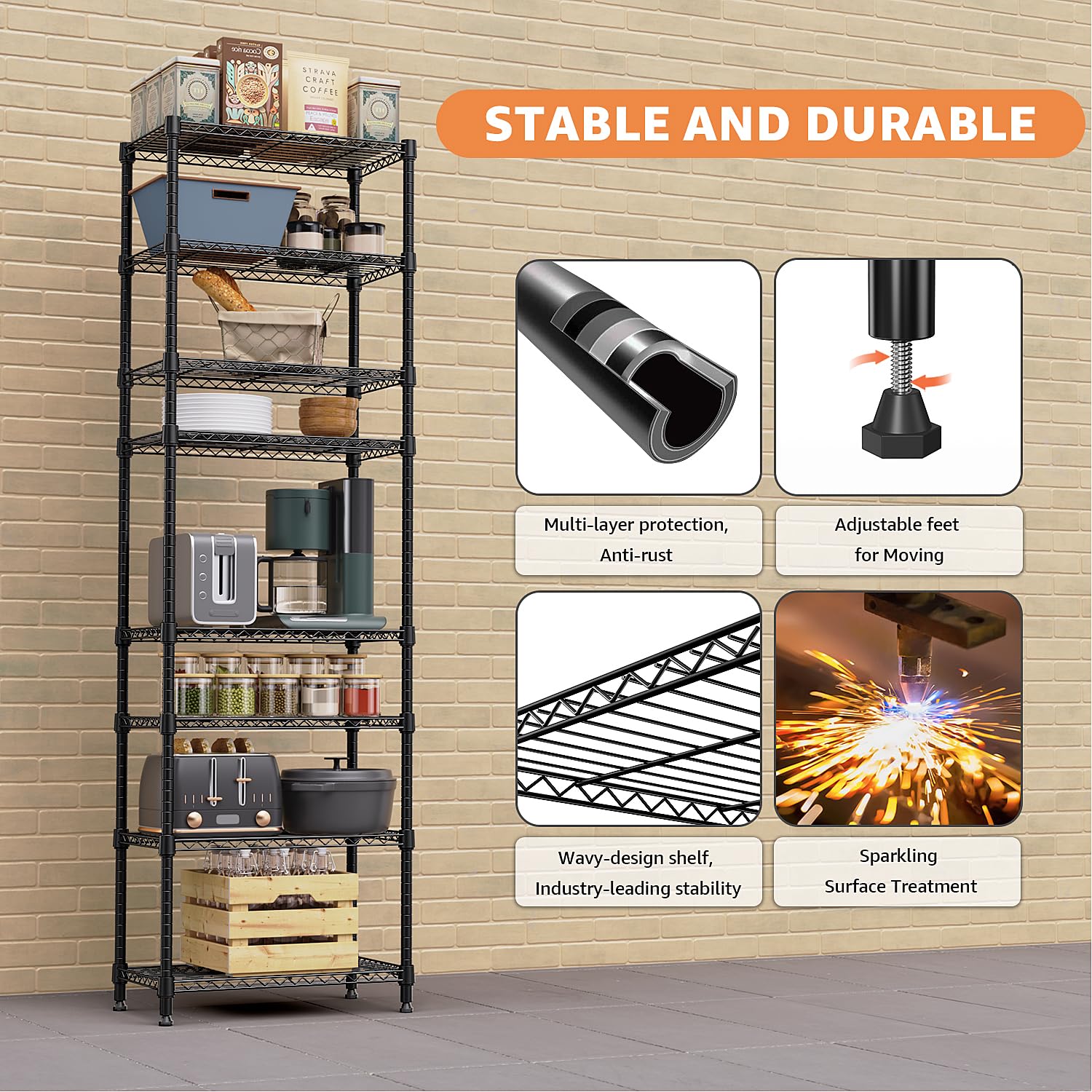 MZG 8-Tier Heavy Duty Metal Wire Shelving Unit - 2000 lbs Capacity Storage Rack for Laundry, Bathroom, Kitchen, Pantry, Closet, Garage & Basement - Black Standing Shelf Organizer (13.8