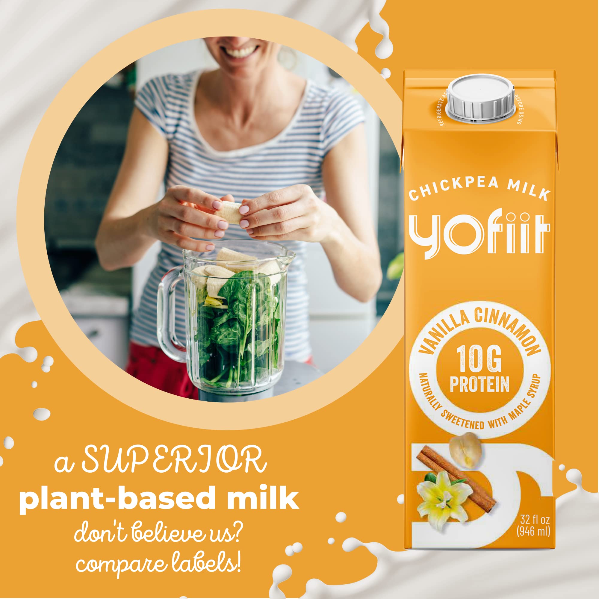 Yofiit Vanilla Cinnamon Plant-Based Milk with Pea Protein & Flax | High Protein Vegan Non-Dairy Milk Alternative (10g Protein) | Shelf-Stable Dairy-Free Coffee Creamer | 6 Pack | Perfect for Smoothies, Coffee & Baking