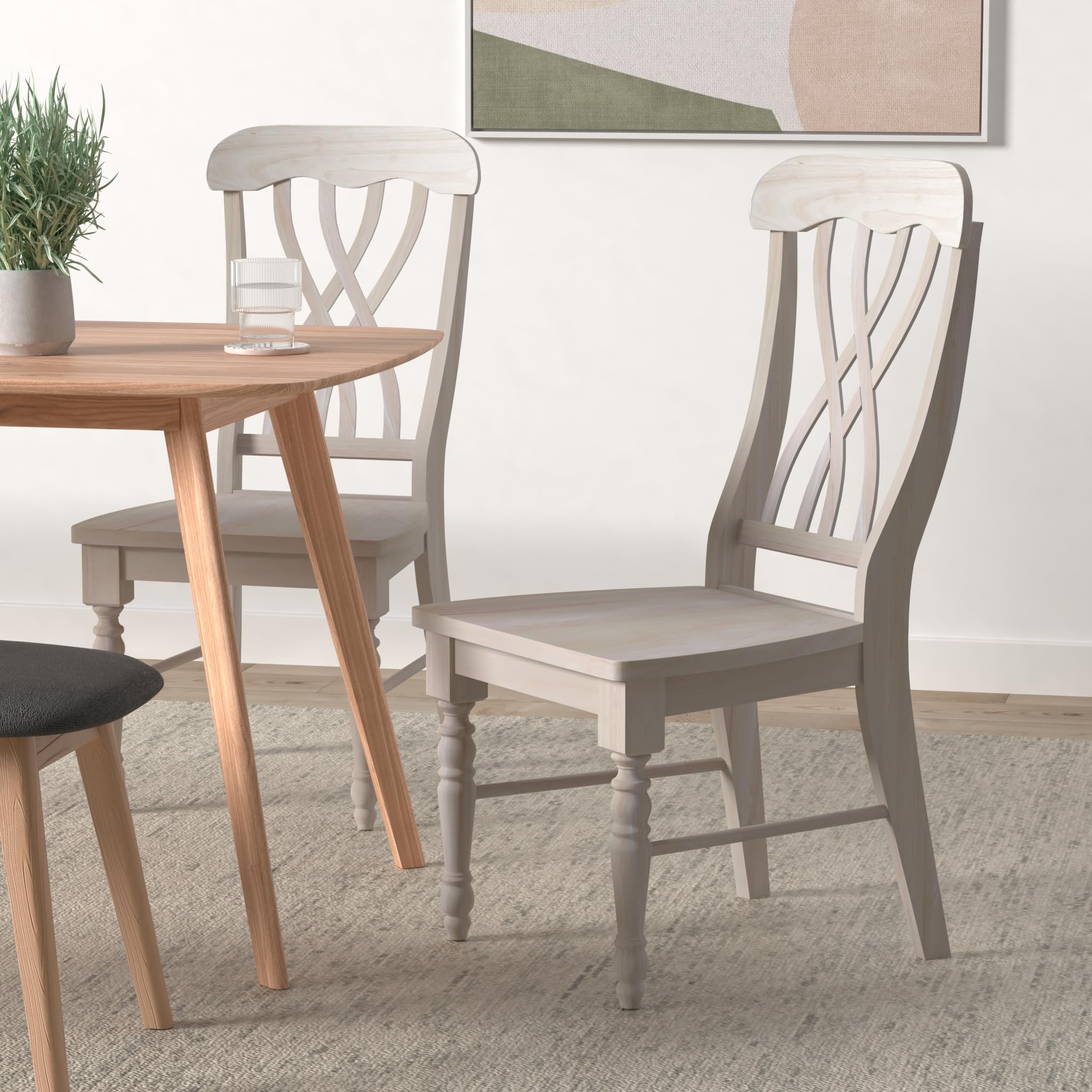 IC International Concepts Latticeback Chairs - Unfinished Wooden Dining Chairs Set of 2 - Rustic Farmhouse Kitchen Furniture for Home & Restaurant Decor
