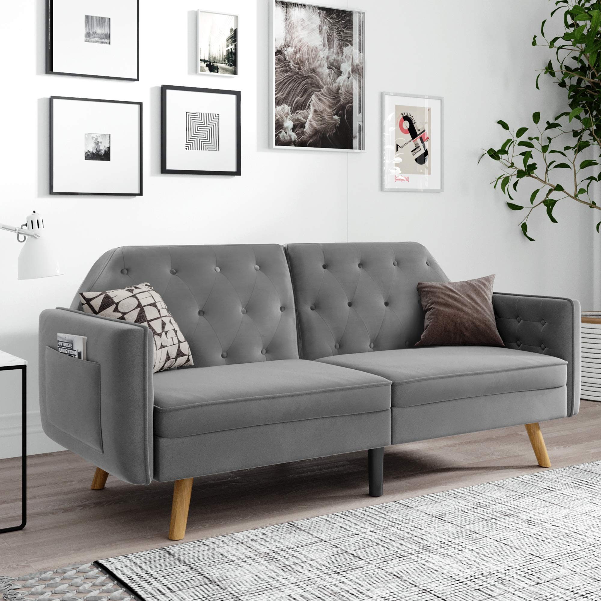 Modern Velvet Convertible Futon Sofa Bed with Wood Legs & Armrests - 3 Adjustable Backrests for Small Spaces, Apartments & Guest Rooms | Twin Size Sleeper Couch for Overnight Guests, Living Room & Studio (Gray)