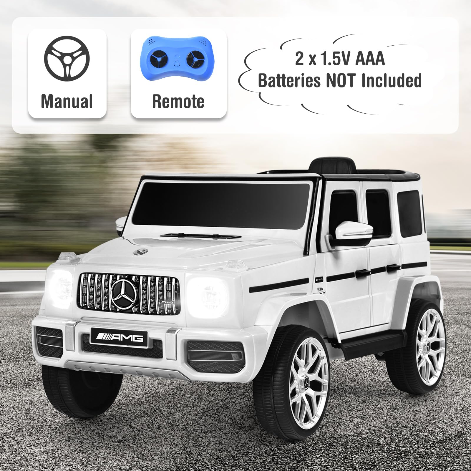 **OLAKIDS 12V Kids Ride On Car - Licensed Mercedes Benz G63 Electric Vehicle with Remote Control, Double Open Doors, Music, Bluetooth, 2 Speeds & Wheels Suspension - Battery Powered Driving Toy for Boys & Girls (White) - Perfect for Indoor & Outdoor Play, Birthday Gifts & Family Fun**