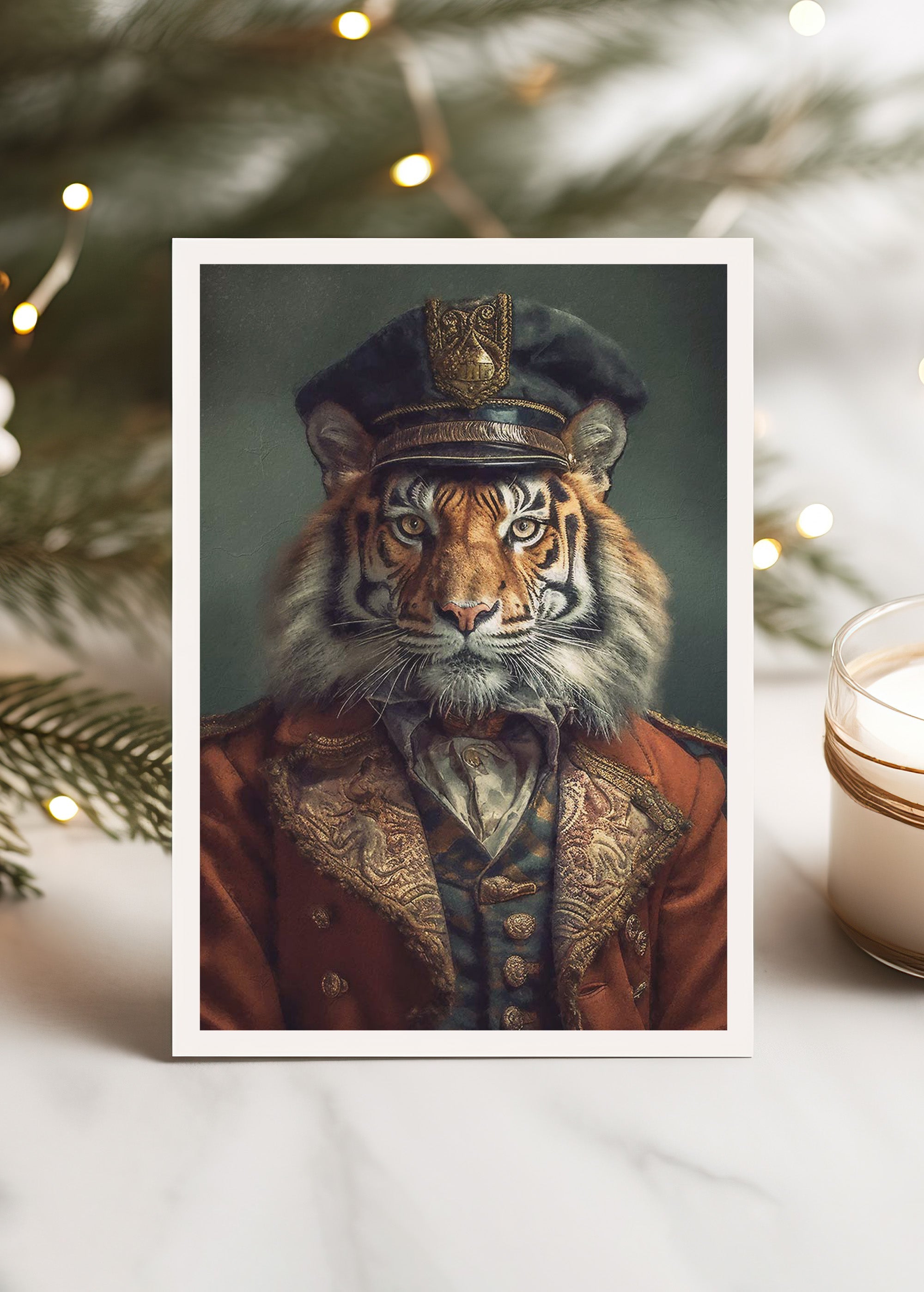 Festive Tiger with Hat A6 Christmas Greeting Card - Holiday Party Invitations, Seasonal Wishes & Festive Decorations for Home & Office