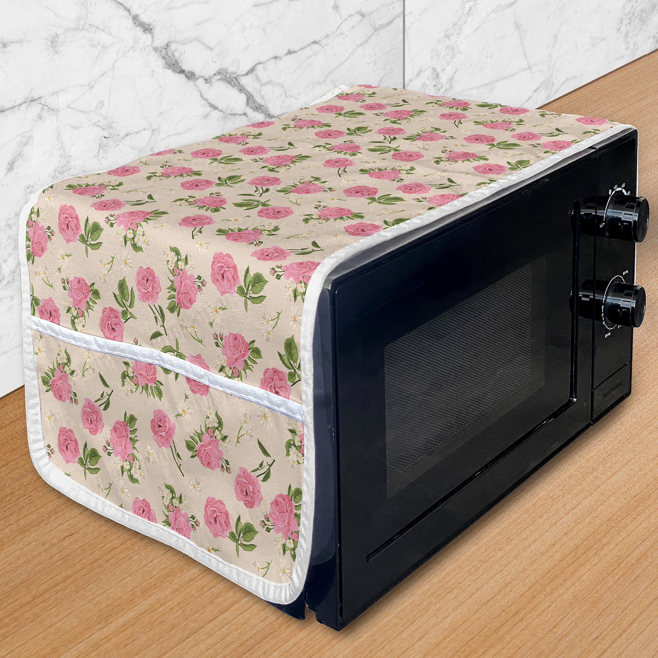 Ambesonne Floral Microwave Oven Cover - Vintage Spring Flowers English Garden Design with Roses and Daisies on Beige - Water Resistant Kitchen Organizer with Pockets - 36