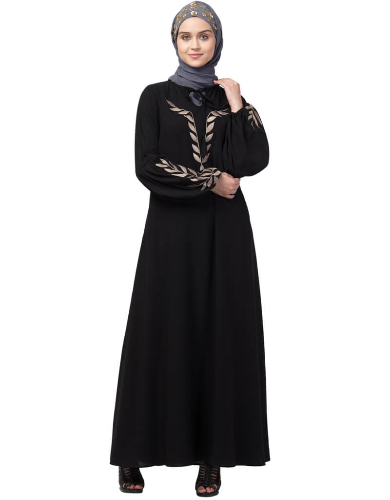 Elegant Arabic Front & Sleeve Resham Embroidered Balloon Sleeve Abaya Dress - Black | Modest Islamic Clothing for Prayer, Eid & Special Occasions