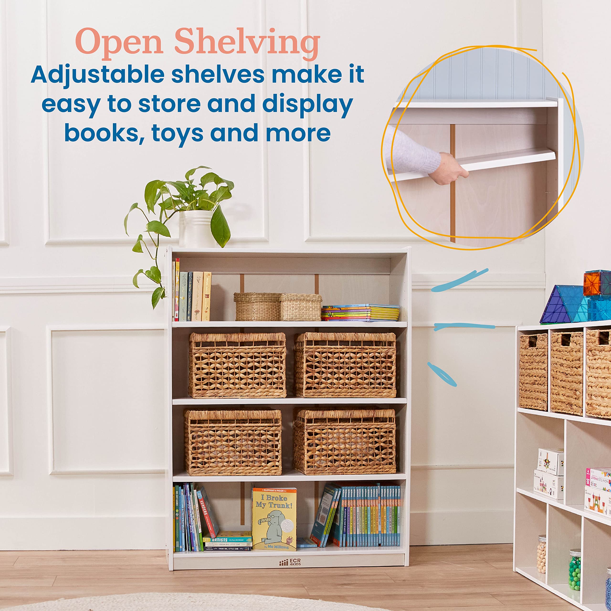 ECR4Kids Classic 48-Inch White Wash Bookcase with Adjustable Shelves - Perfect for Kids' Rooms, Classrooms, and Home Libraries