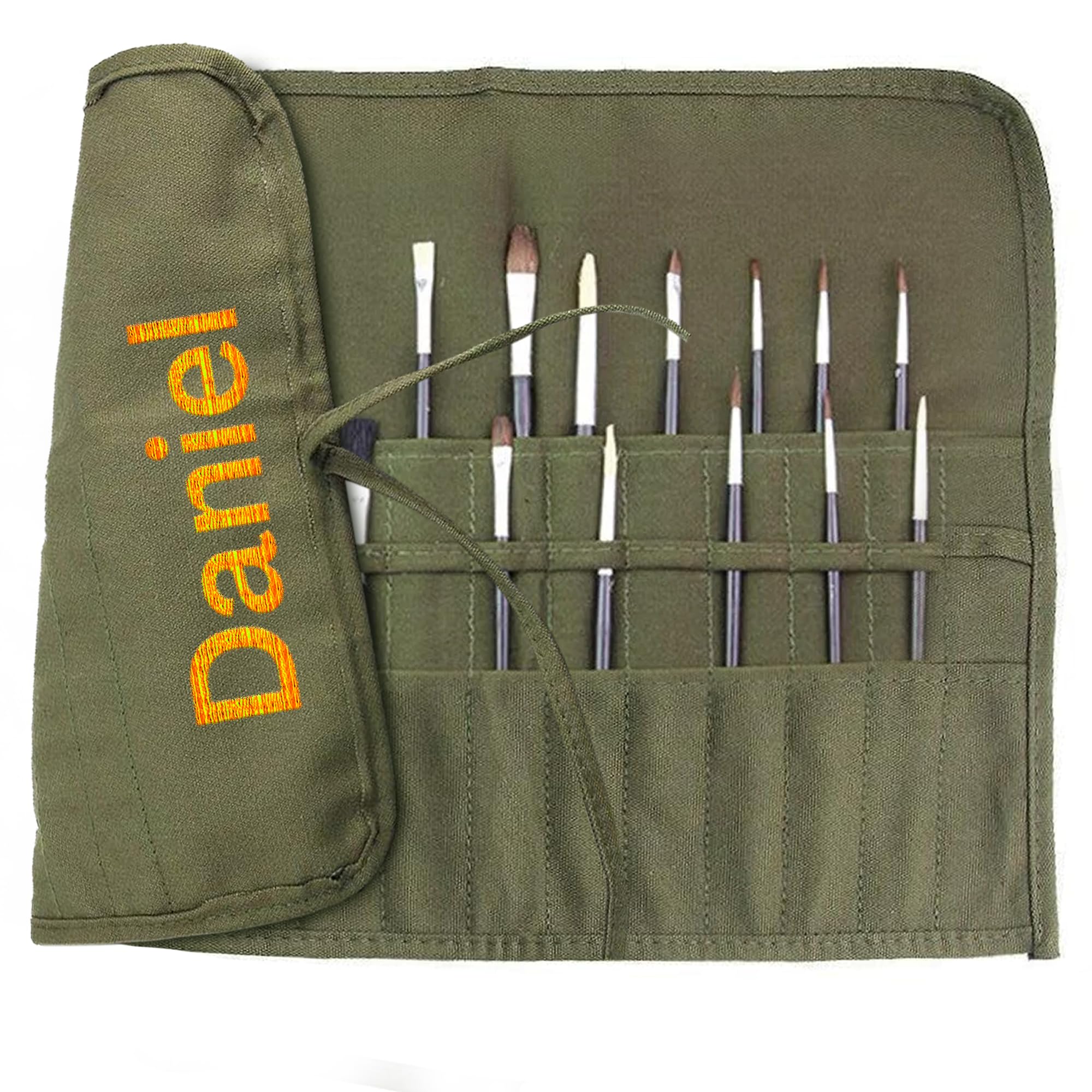 Custom Personalized Paint Brush Holder for Artists - Engraved Name Canvas Brush Organizer for Acrylic, Oil & Watercolor Brushes - Army Green Roll Pouch Holds 100 Brushes - Perfect for Art Studios, Painting Classes & Travel