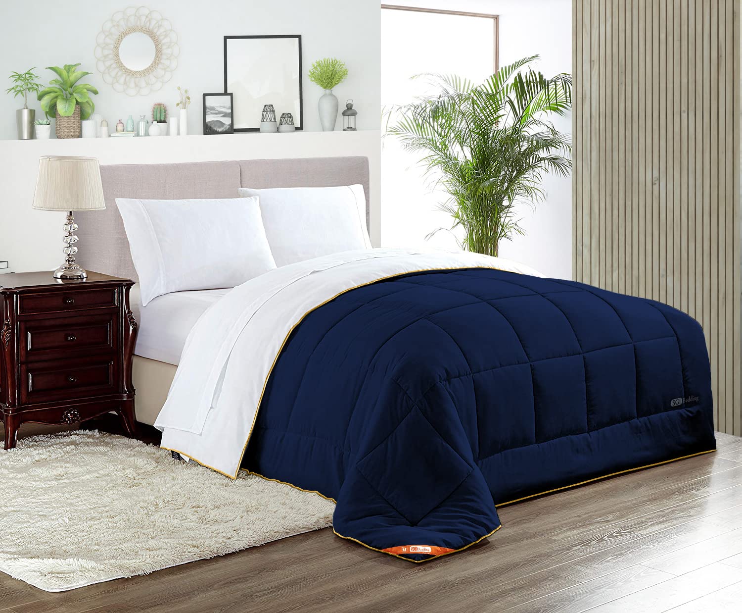 Premium Down Alternative King Comforter - 300 GSM Plush Siliconized Fiberfill, 1000 TC Egyptian Cotton Cover with Golden Piping - White & Navy Blue Box Stitched Duvet Insert for All-Season Comfort - Perfect for Master Bedroom, Guest Room, and Luxury Hotel Decor