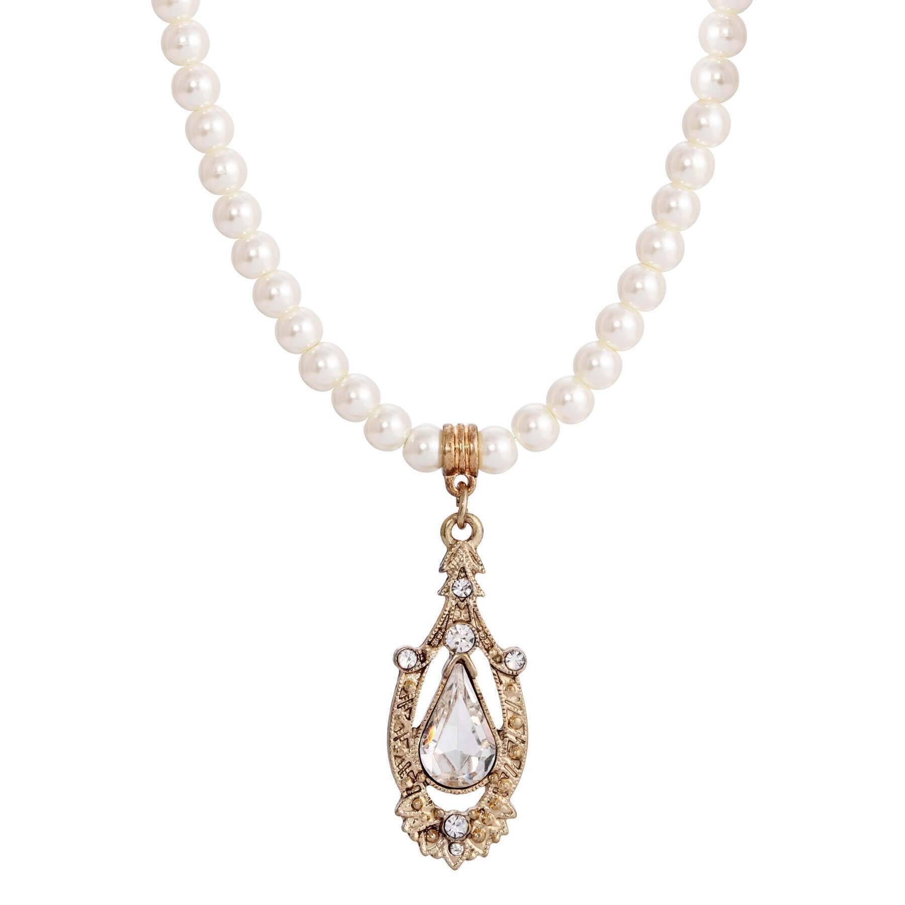 1928 Jewelry 5mm Faux Pearl Strand Necklace with Teardrop Crystal Pendant - 14.5 Inch Elegant Bridal Jewelry for Weddings, Prom & Special Occasions