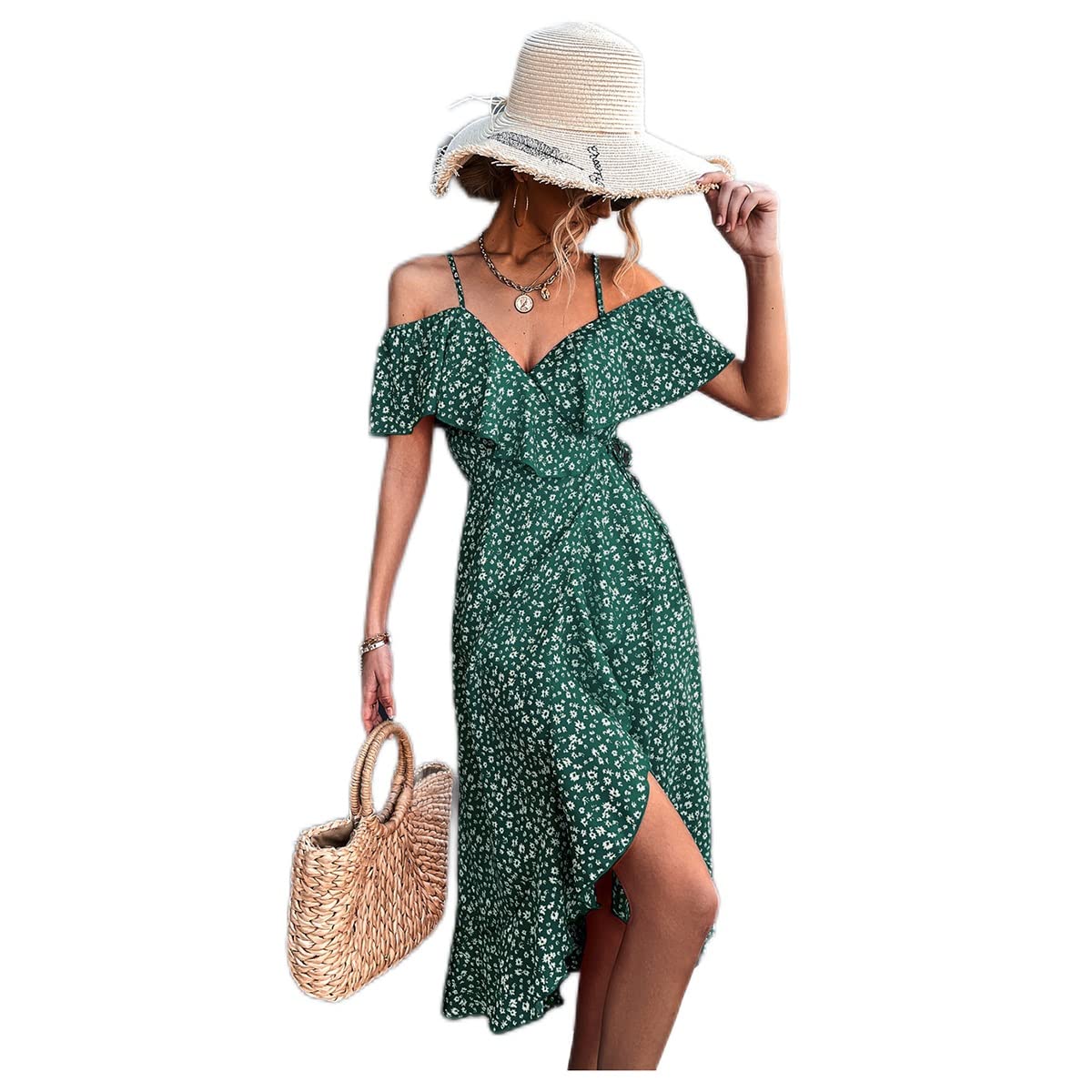 OTBK Women's Green Polka Dot Off Shoulder Maxi Dress with Belt - Short Sleeve, High Waist, Pleated Long Dress (Size S/Small) - Perfect for Summer Parties, Beach Vacations & Date Nights