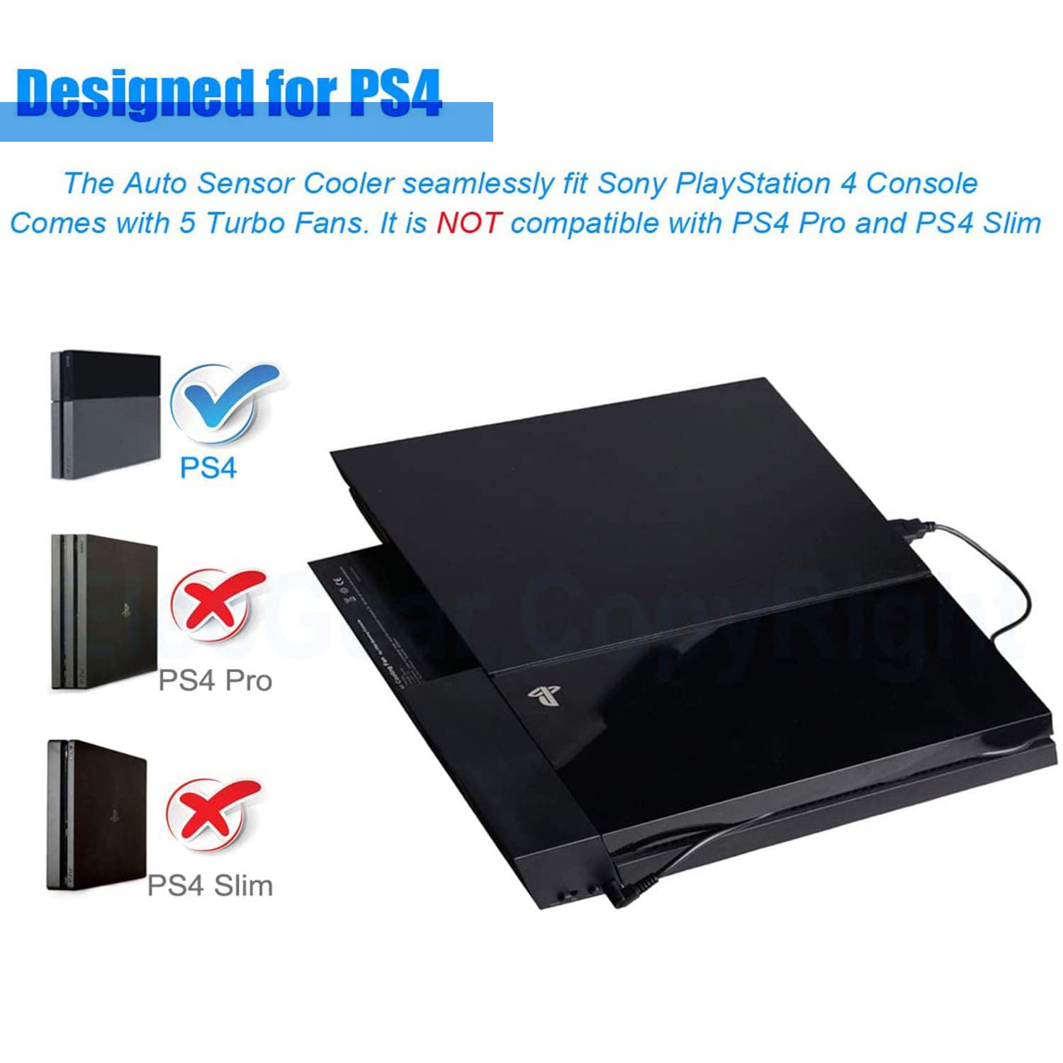 PS4 Cooling Fan - USB External Cooler with 5 Auto Turbo Fans & Temperature Control for Sony PlayStation 4 Console | Prevent Overheating for Long Gaming Sessions