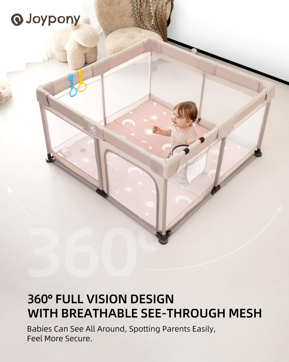 Baby Playpen with Soft Mat - 50x50 Inch Playpen for Infants & Toddlers, Breathable Mesh Play Yard for Indoor & Outdoor Use (Beige) - Perfect for Nursery, Living Room & Backyard Safety
