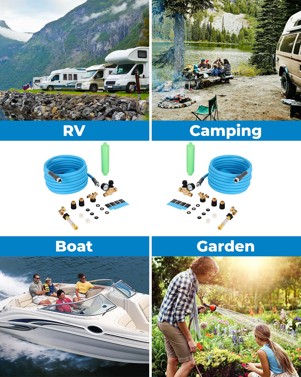 **RV & Camper Fresh Water Kit – Complete RV Water Filtration System with Flexible Hose Protector, Brass Elbow, Teflon Tape, Pressure Regulator, 2-Way Y Splitter, Toolbox, 25ft Garden Hose & Quick Connects – Perfect for RV Camping, Boondocking & Outdoor Adventures**