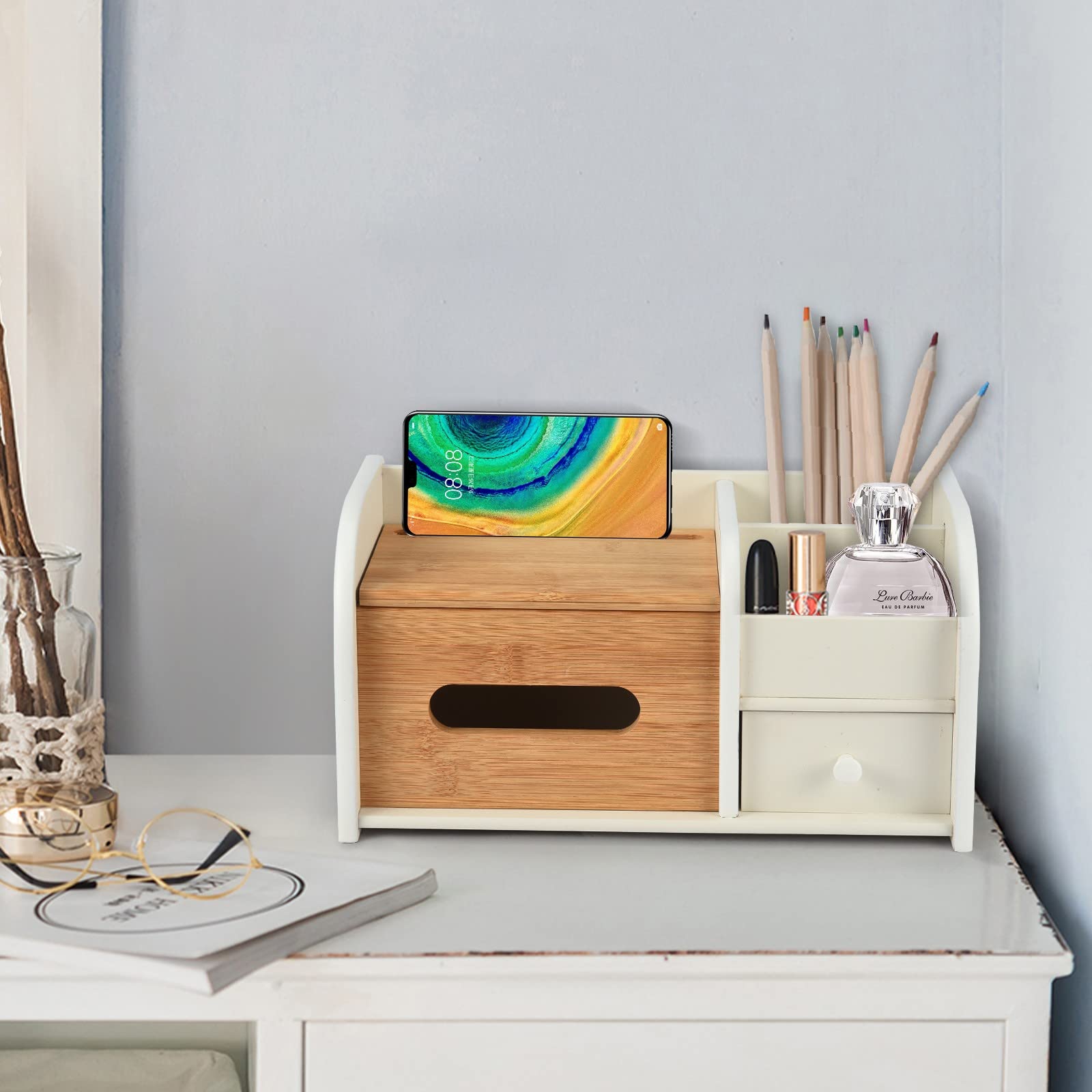 Wooden Desktop Organizer with Drawers & Pen Holder - Office Storage Roller for Stationery, Workspace Supplies - Perfect for Home, Office, and School Organization