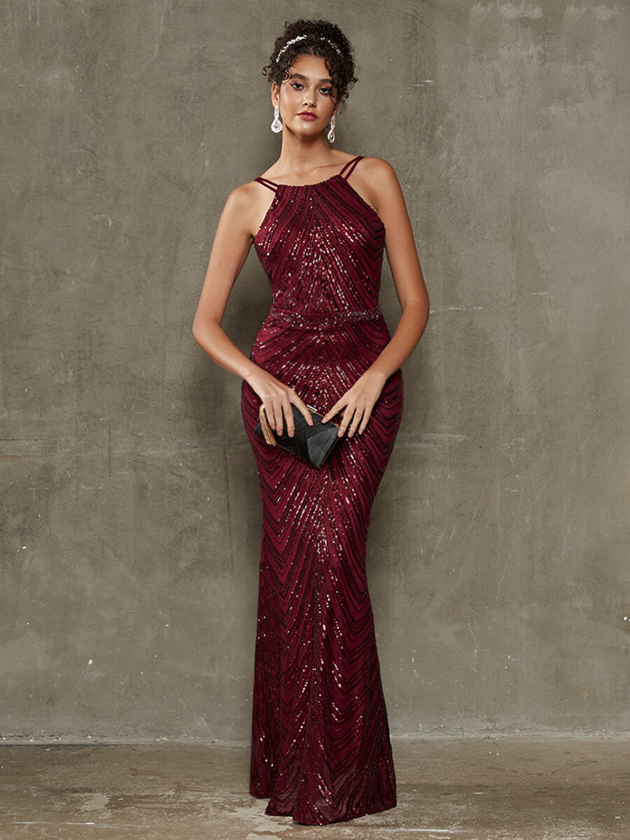 Elegant Burgundy Convertible Halter Sequin Floor Length Formal Evening Gown for Prom, Wedding & Special Occasions
