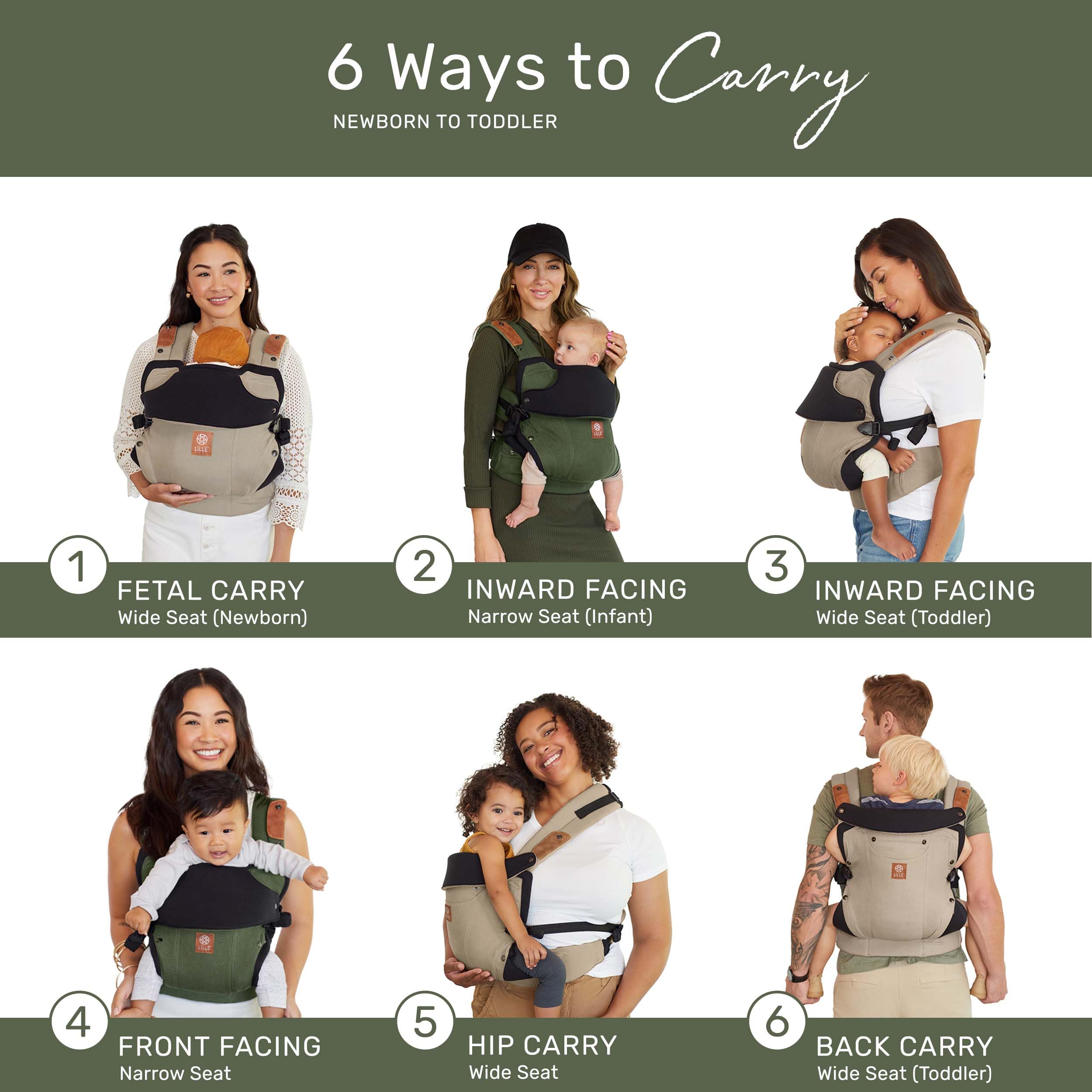 Lillebaby Elevate Ergonomic 6-in-1 Baby Carrier for Newborn to Toddler (7-45 lbs) - 360° Adjustable, Lumbar Support, Inward & Outward Facing - Includes Tote Bag & Head Pillow - Perfect for Hands-Free Parenting, Shopping & Outdoor Adventures (Olive Green)