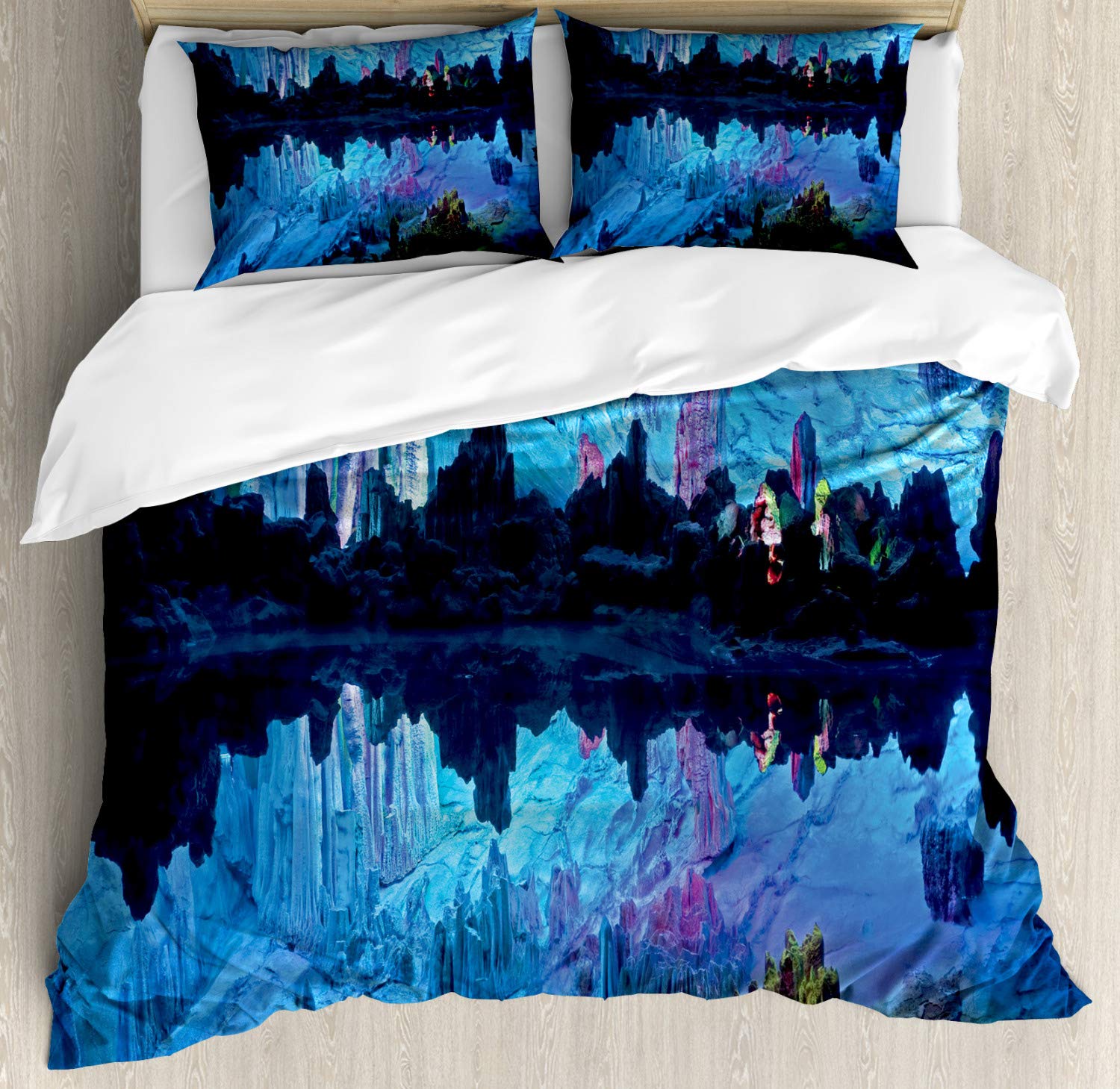 Ambesonne Natural Cave Duvet Cover Set - Reed Flute Cistern Crystal Palace Mystical Space Print 3-Piece Bedding Set with 2 Pillow Shams, California King Size, Blue | Cave-Themed Bedroom Decor for Fantasy & Nature Lovers