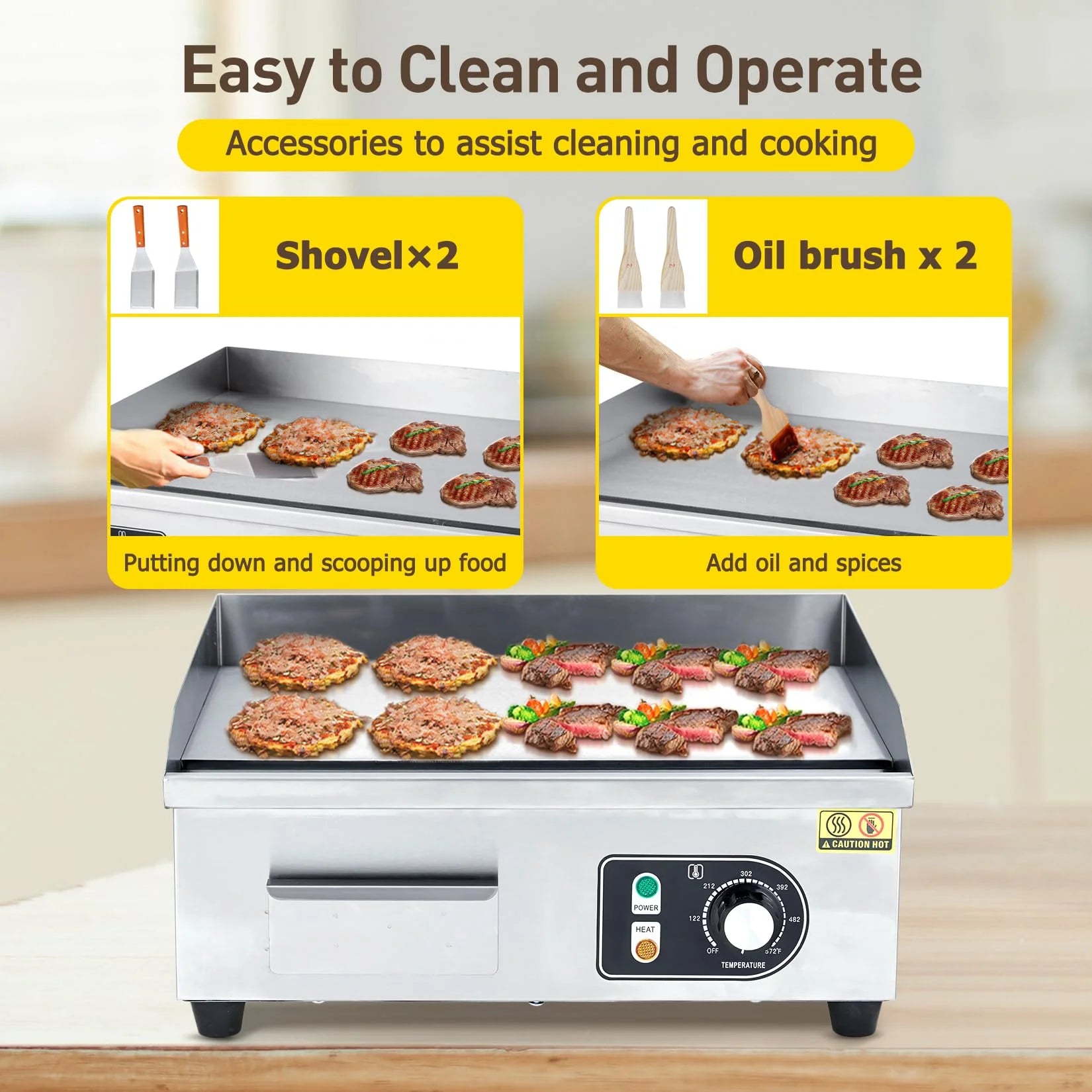 GARVEE 14 Inch Commercial Electric Grill - 1500W Stainless Steel Griddle with Adjustable Temperature (122°F-572°F) - Non-Stick Surface for Home Kitchen & Restaurant Use - Perfect for Indoor BBQ, Pancakes & Burgers (Plug Not Included)