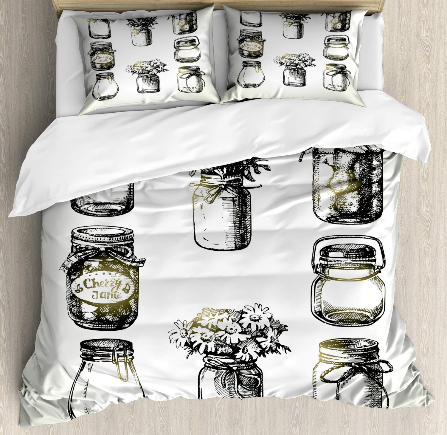 Ambesonne Retro Duvet Cover Set - Rustic Mason & Canning Jars Sketch - 3 Piece Bedding Set with 2 Pillow Shams - Queen Size - Charcoal Grey & Pale Green - Perfect for Farmhouse, Vintage & Country Style Bedrooms